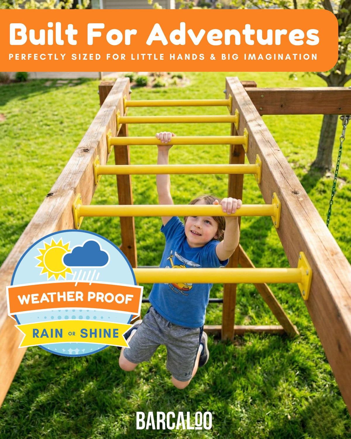 Barcaloo Playground Equipment Monkey Bars Playset Attachment - Set of 8 Yellow Powder Coated Indoor Monkey Bars for Kids with Mounting Plates, 16 1/2 Inches Long