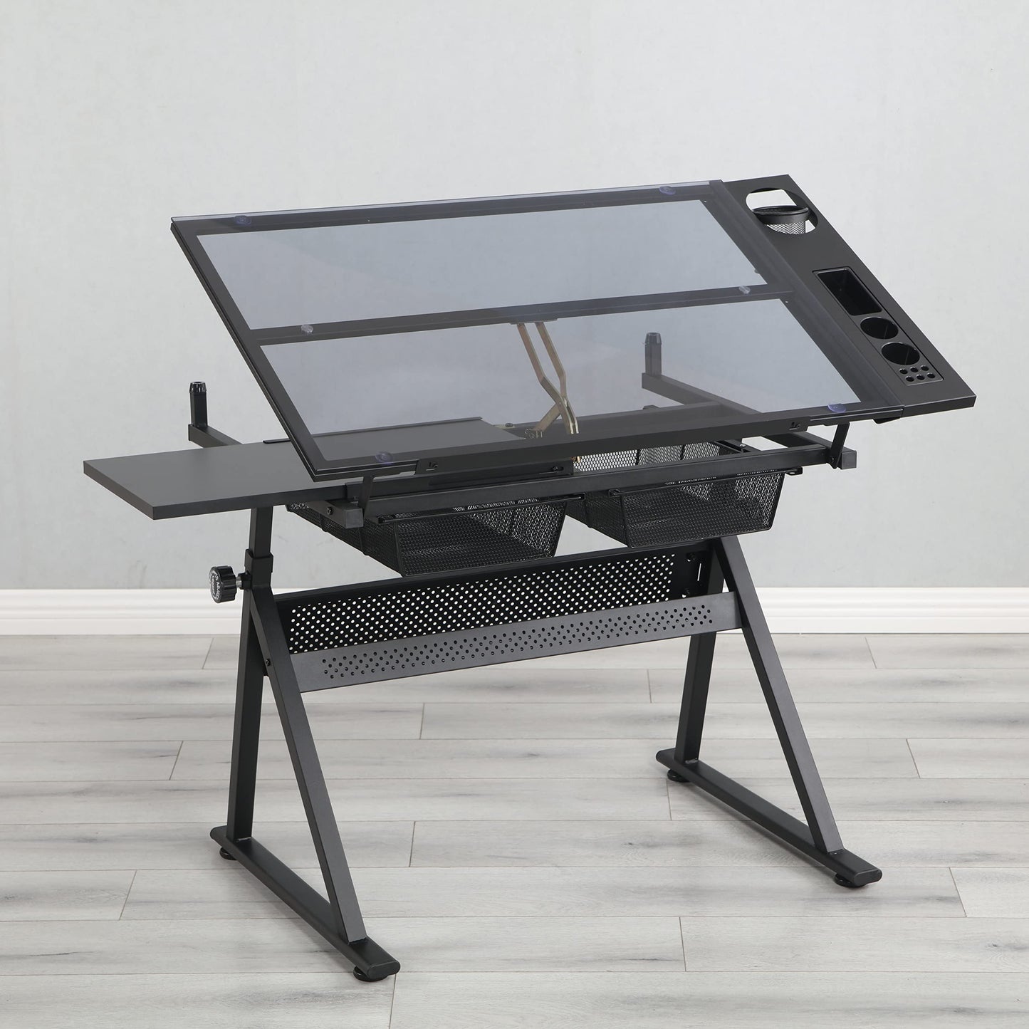 Gecheer Professional Black Drafting Table with Adjustable Tempered Glass Tilting Top 75° Angle and Storage Drawers Chair Included