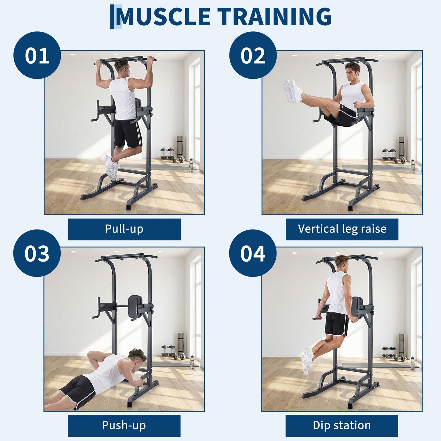 Free Standing Power Tower Pull Up Bar and Dip Station,Adjustable Strength Training Pull-Up Bars for Full Body Workout, Multifunction Dip Station Home Gym for Pull-Ups, Dips, Push-Ups, Leg Raises