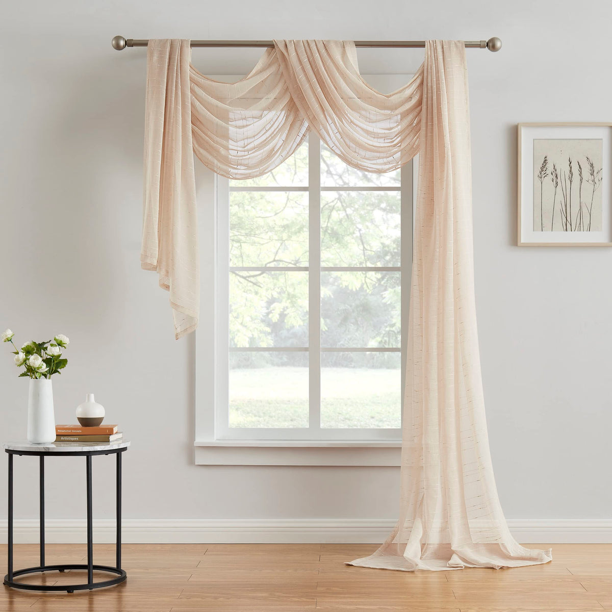 WARM HOME DESIGNS Luxury Linen Window Scarf with Dotted Stripes Pattern. 54 Inch Wide x 216 Inch Long Premium Shabby Chic Window Scarves for Living Room, Kitchen, Bedroom or Dining Room. JN Linen 216"