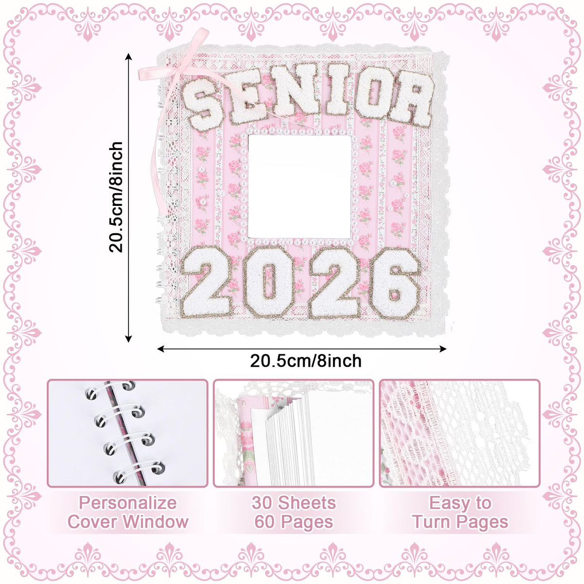 ForraFun Pink Graduation 2026 Scrapbook Album 8" x 8" Class of 2026 Senior Year Memory Book DIY Kit Photo Album Scrapbook for Senior High School College Graduates Customized Graduation Gift 60 Pages