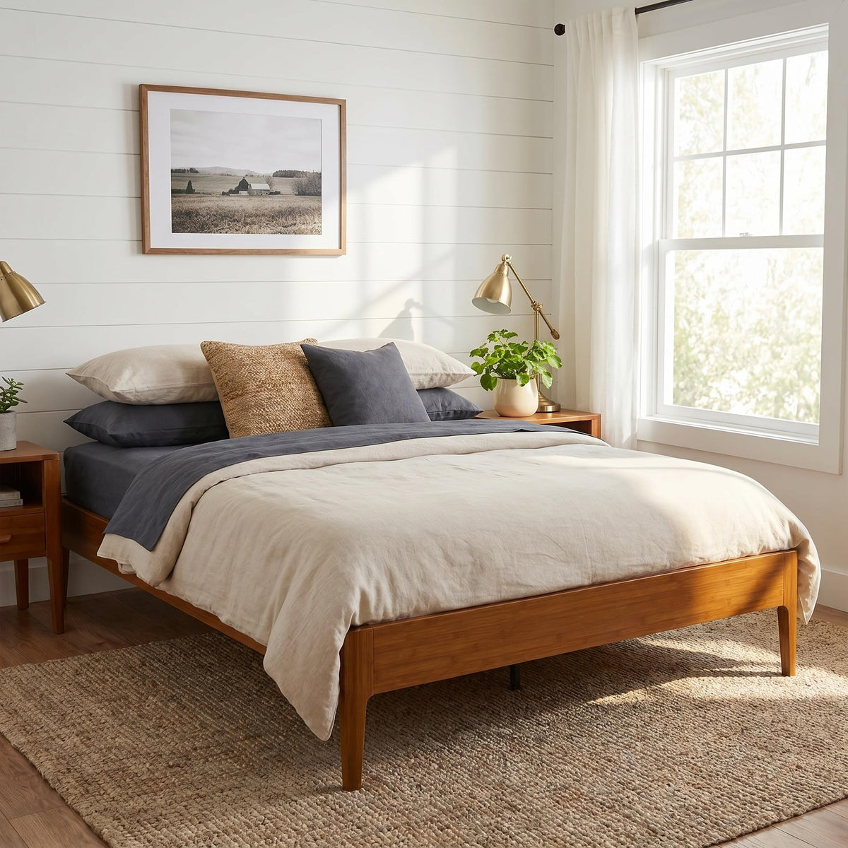 Merax Full Size Solid Dry Bamboo Wood Platform Bed, Mid-Century Minimalist 15" High Bed Frame with Wood Slat Metal Support, No Box Spring Needed, Easy Assembly (No Headboard), Brown