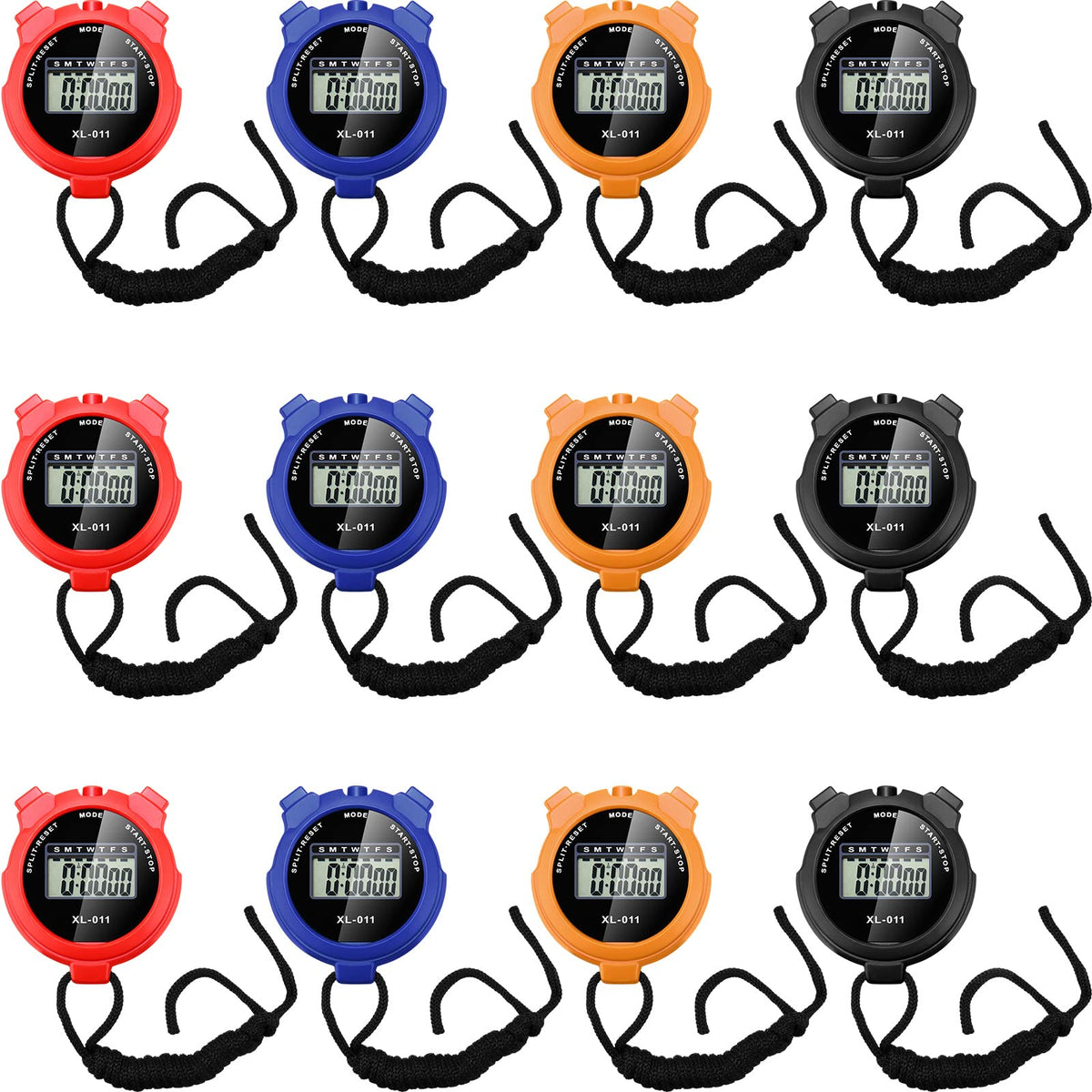 TOODOO 12 Pack Multi Function Digital Stopwatch Timer Bulk Sports Stopwatch with Lanyard Plastic Display Waterproof Date Time Alarm Timer for Coaches Fitness Referees(Black Blue Red Orange)