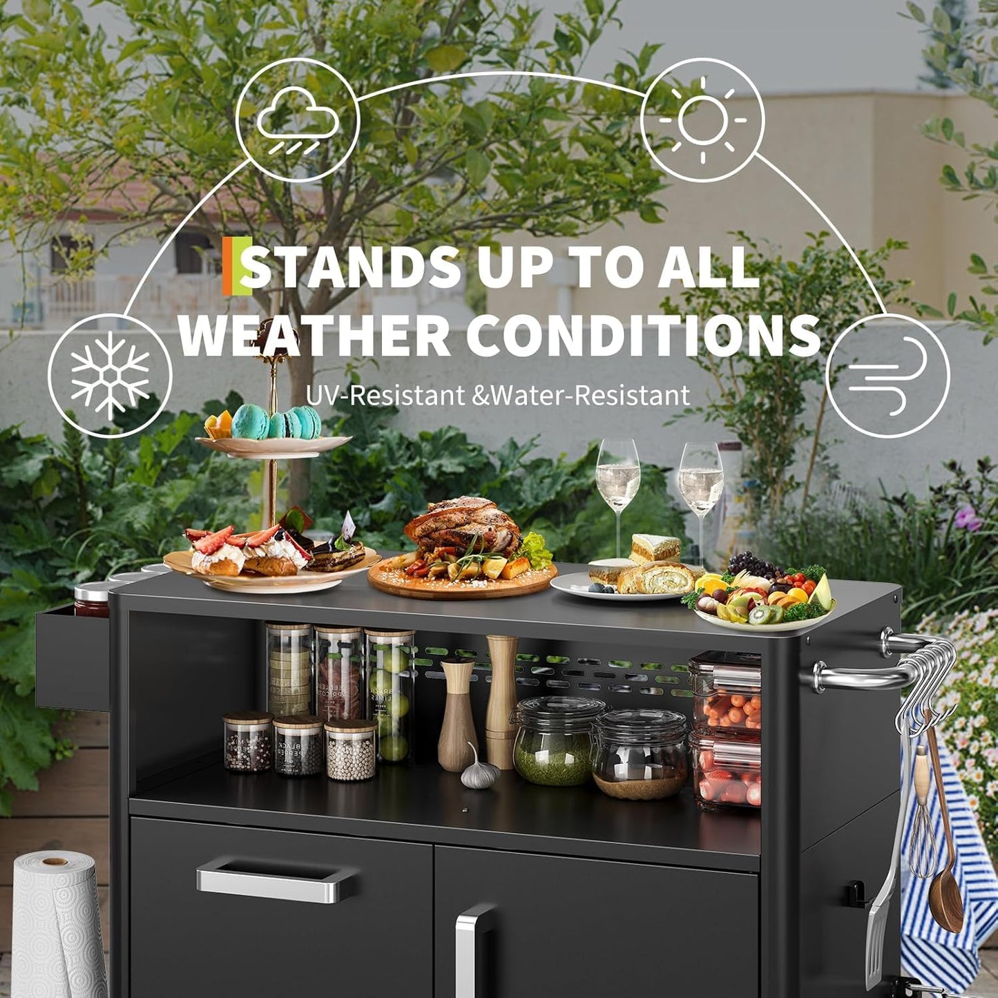 Mobile Outdoor Kitchen Cart - Premium Stainless Steel Prep Table with Single Door & Dual Drawers - Rolling BBQ Station w/ 2 Locking Wheels for Grilling & Serving