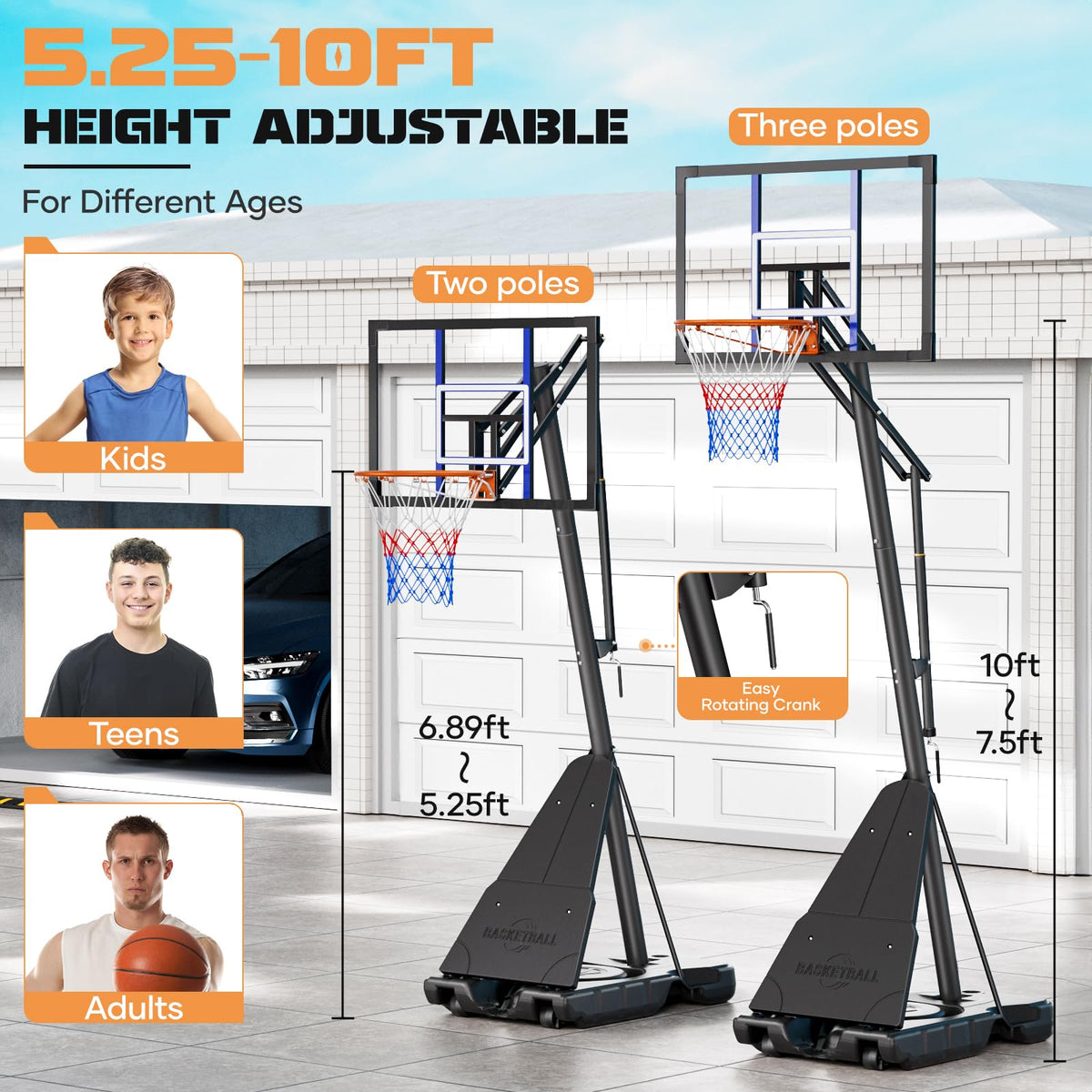 Asbest Adjustable Basketball Hoop Outdoor 10FT with 44/48 Inch Backboard, Portable Basketball Hoops & Goals Outdoor with Stepless Crank, for Youth Adults Kids