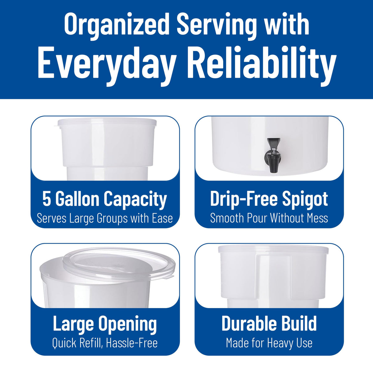 Carlisle FoodService Products Round Beverage Dispenser Drink Dispenser with Spigot for Catering, Plastic, 5 Gallons, White