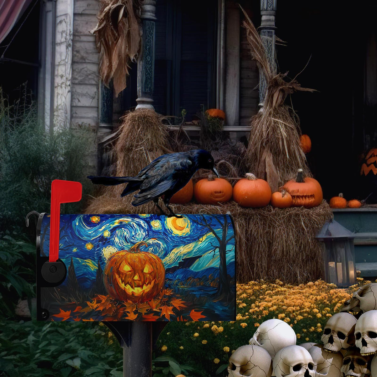 Dacawin Halloween Pumpkin Magnetic Mailbox Covers Standard Size 18 x 21 Van Gogh's Starry Night Mailbox Wraps Cover Oil Painting Decorations Post Box Cover for Garden Yard Outdoor Decor