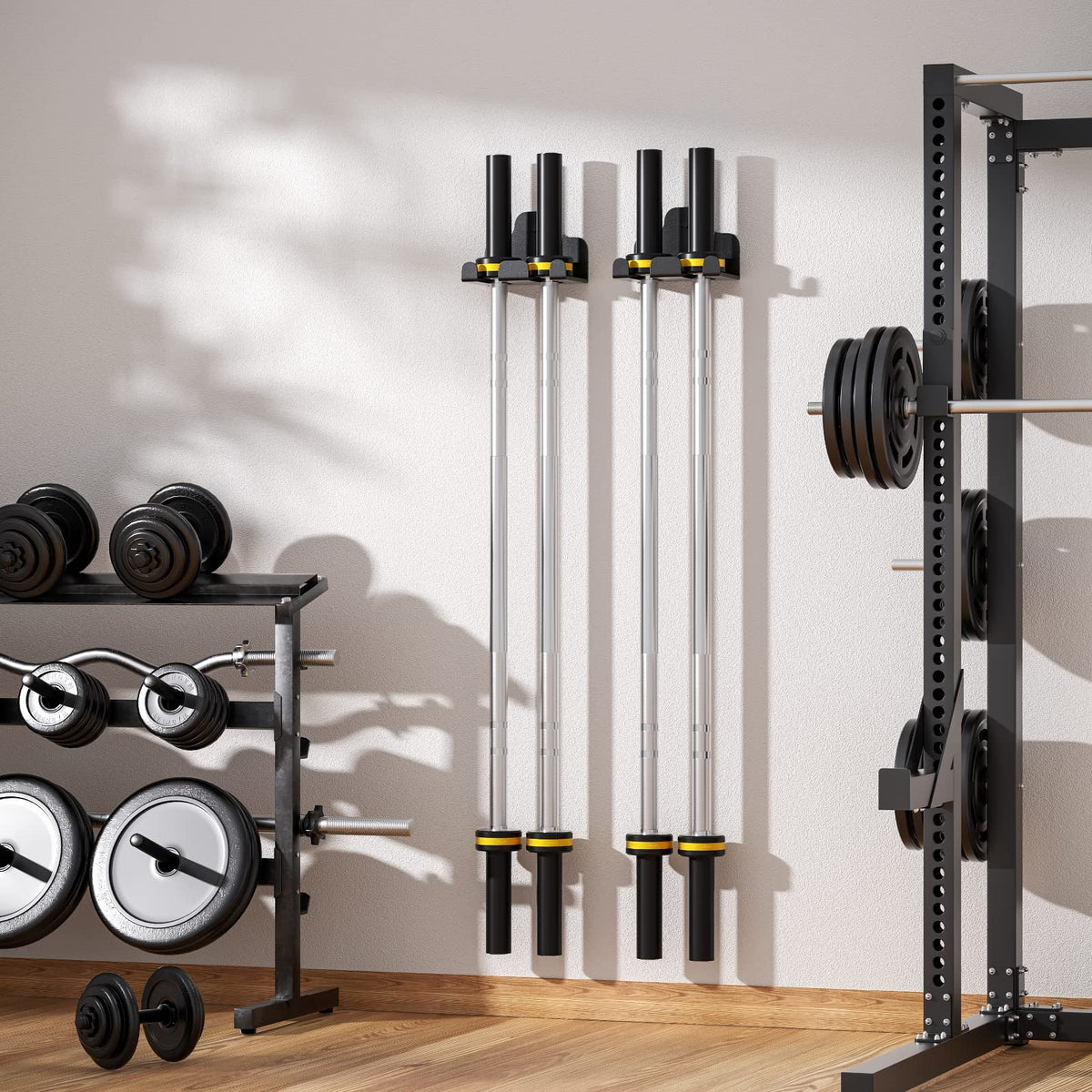 JNIHEEP Barbell Holder,Garage Gym Bar Wall Rack with 2 Bar Holders for Hanging Olympic Barbells, Curl Bars, Chains,Resistance Band,and ect,Holds Under 33mm Bar Size(Black)