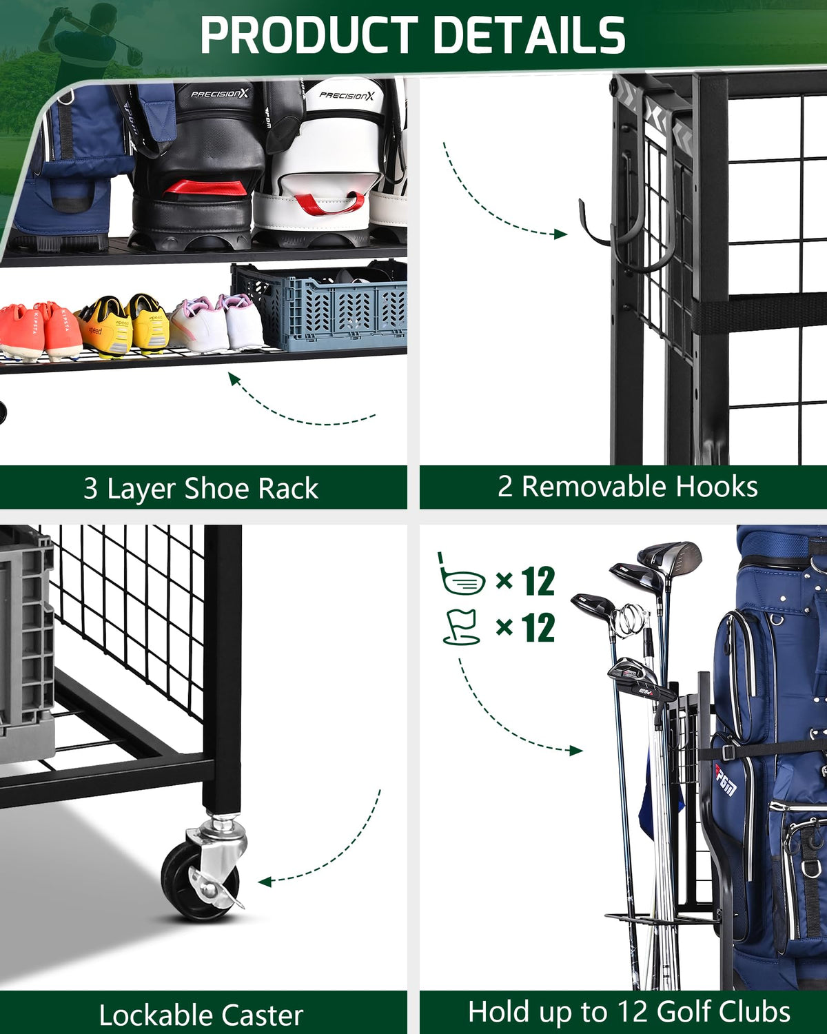 Mythinglogic 4 Golf Bag Storage Organizer, Extra Large Golf Storage Stand for Golf Bag Accessories, Golf Storage Rack for Garage, Golf Club, Basement