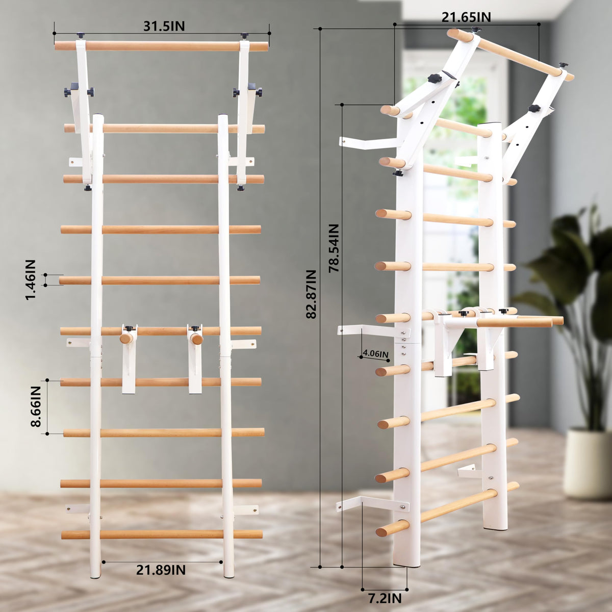 PreGymnastic Stall Bars, Swedish Ladder for Adult and Kids, Wall Bar with Solid Beech Wood Rods, Durable Steel Frame, Adjustable Pull Up and Dip for Strength, Flexibility at Home Gym, Studio