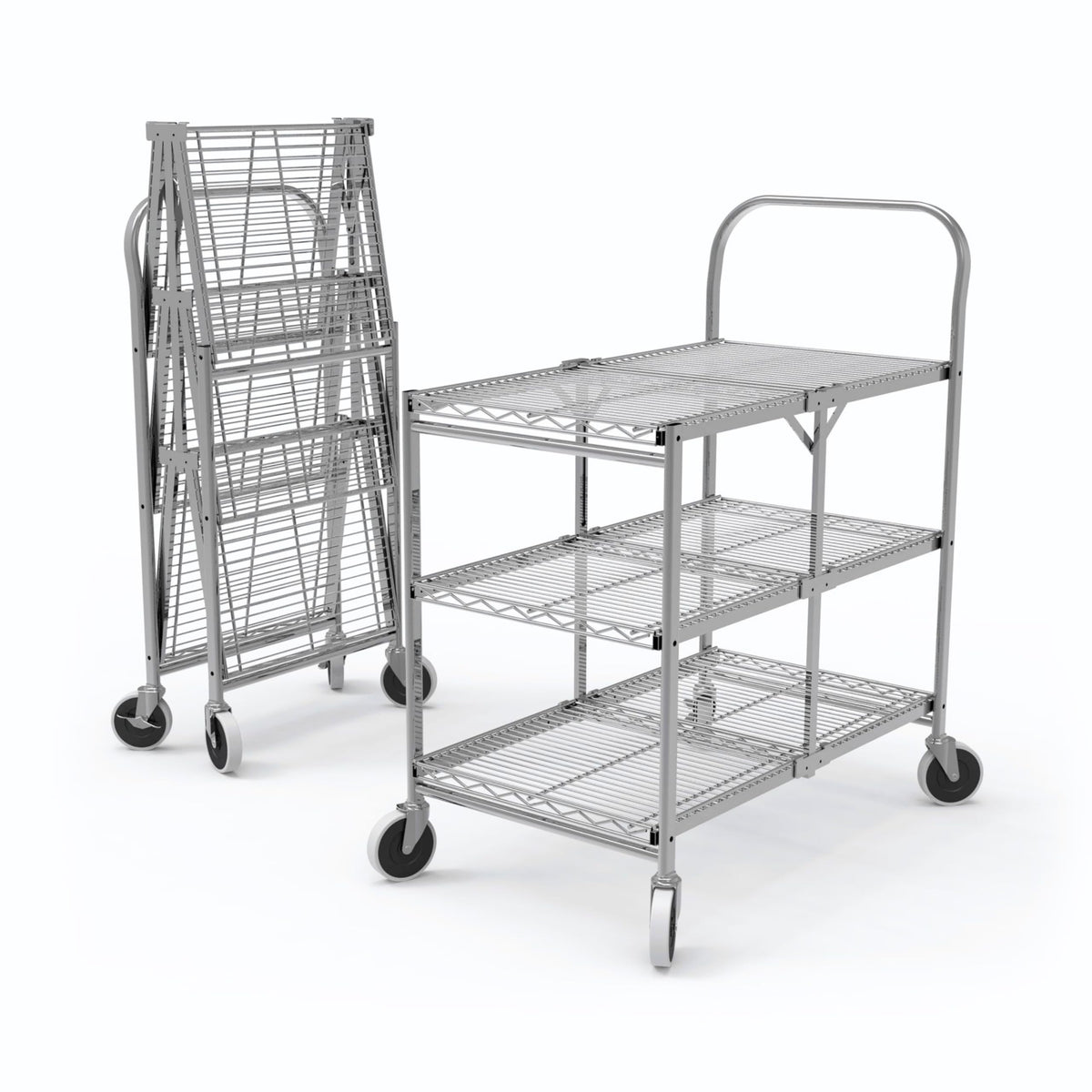 Luxor WSCC-3 Three-Shelf Collapsible Wire Utility Cart, Push Heavy Duty, 4" Thermoplastic Rubber Casters Two with Locking Brakes,Holds 300 lbs. and Folds Up for Storage, 37"W x 18.25"D x 30.5"H