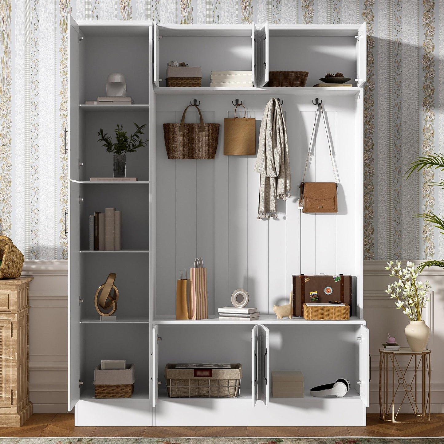 Shaical 79'' Tall Hall Tree with Shoe Storage and Bench, 4-in-1 Mudroom Storage Organizer Coat Rack with 6 Cabinets, 4 Coat Hooks & Adjustable Shelf for Hallway, Entryway, Living Room, White