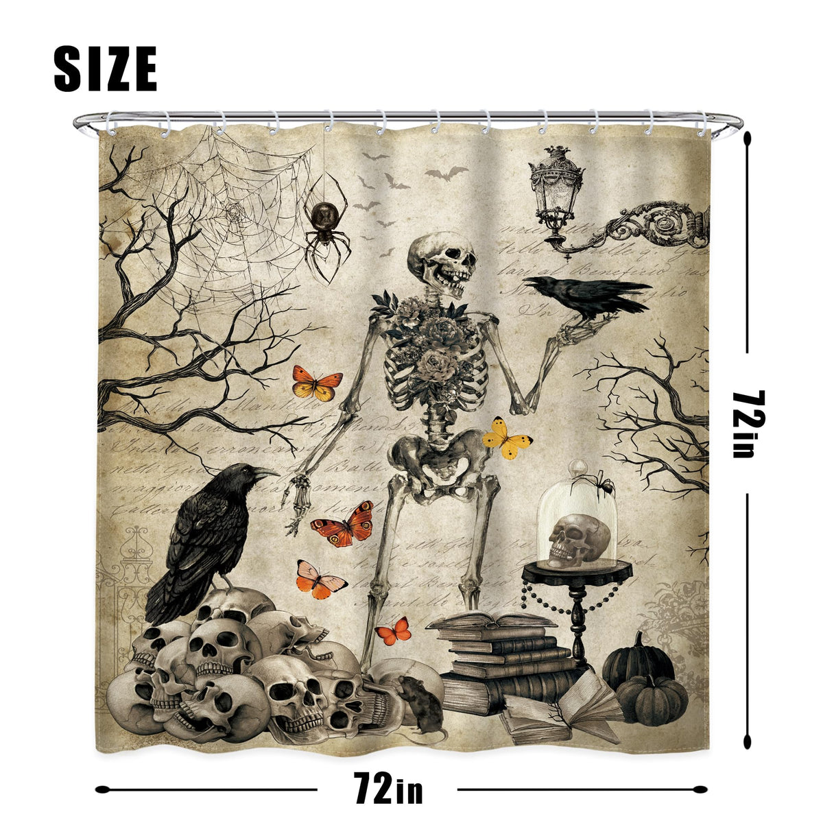 LGhtyro Skull Gothic Shower Curtain Sets，Spooky Scary Skeleton Spider 4PC with Rugs, Toilet Lid Cover and Bath Mat, Goth Halloween Bath Accessories Art Home Decor Fabric 12 Pack Hooks 71Wx71H Inches