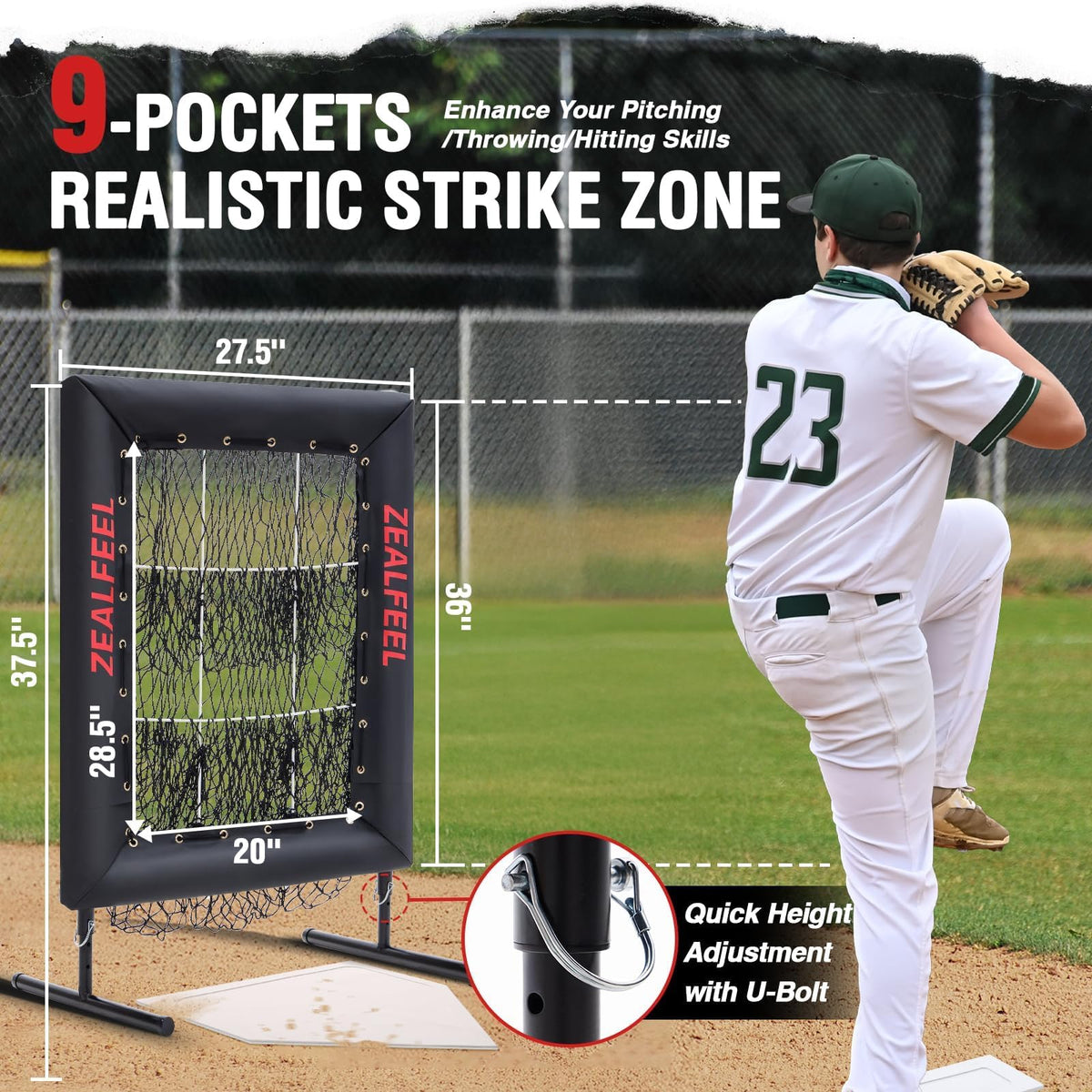 ZEALFEEL Baseball Pitching Net Pro, 9 Hole Pitching Target with Strike Zone Target, 5 Height Adjustable, Portable Easy Setup Trainer Net for Baseball & Softball with Ball, Home Plate & Pitching Rubber