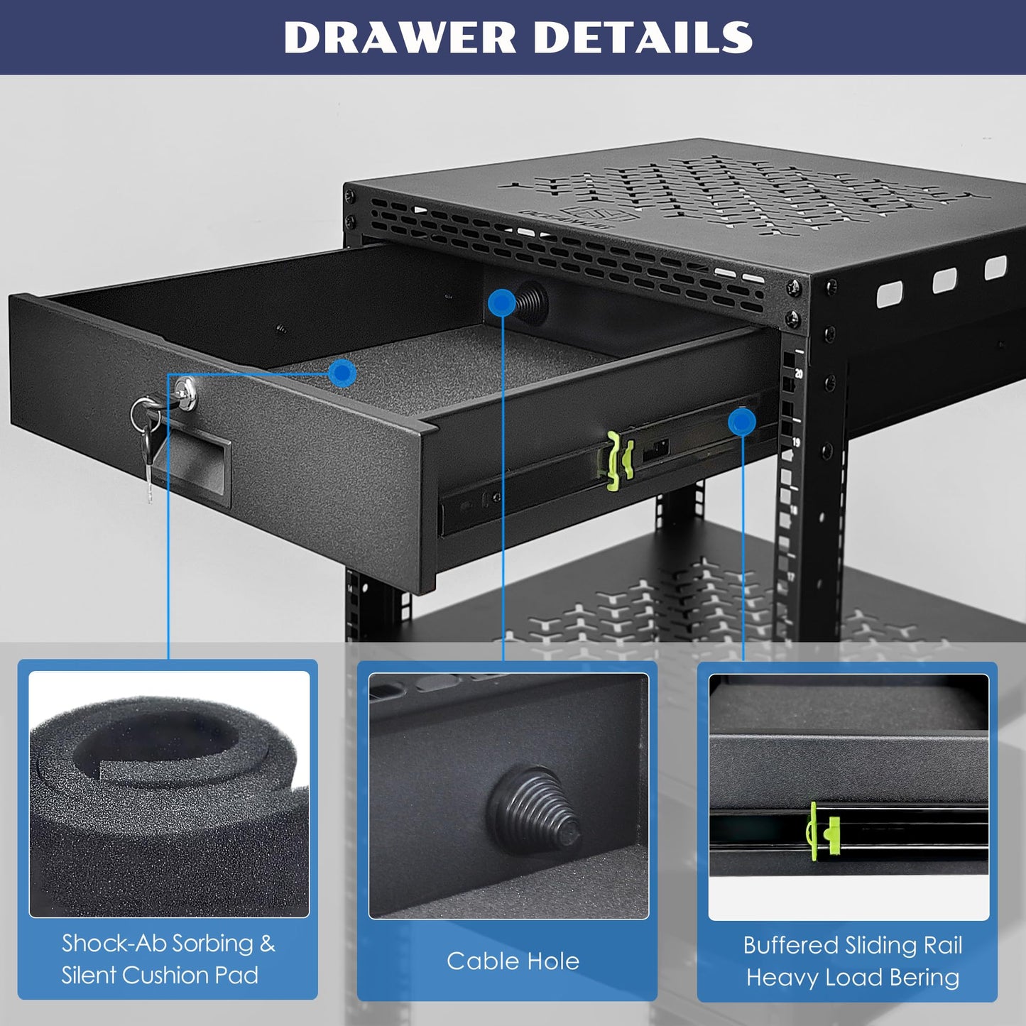 OCEANHUG 20U Server Rack Cabinet with Drawer & 2 PCS Full Size Rack Shelves - Integrated Top/Bottom Panels, 4 Rolling Wheels for 19" Equipment & Home Lab Studio