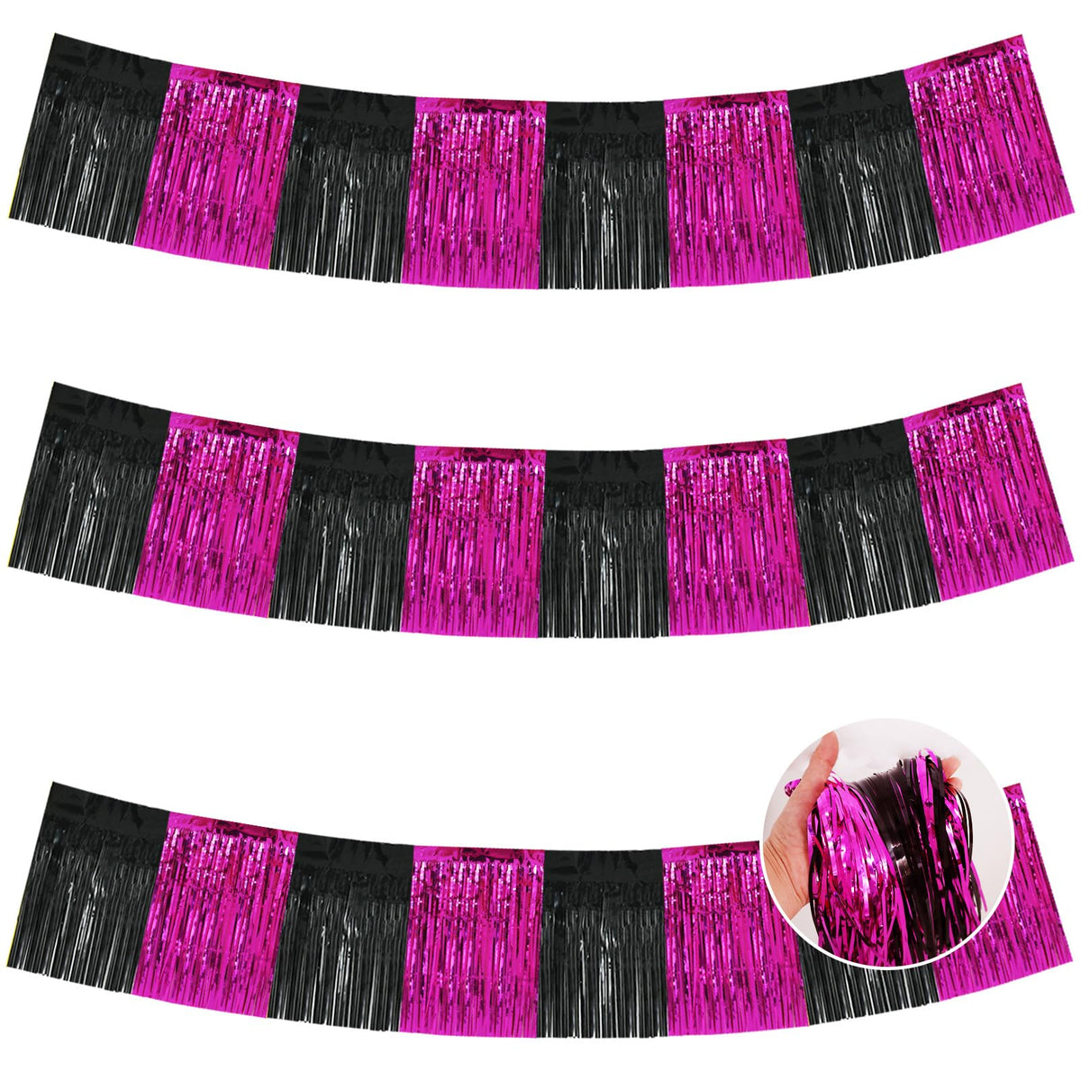 BEISHIDA 3 Packs Metallic Foil Fringe Garland Black Hot Pink Wall Hanging Tinsel Fringe Banners for Car Floats Bridal Shower Wedding Birthday Graduation Holiday Party Decoration(30 Feet)