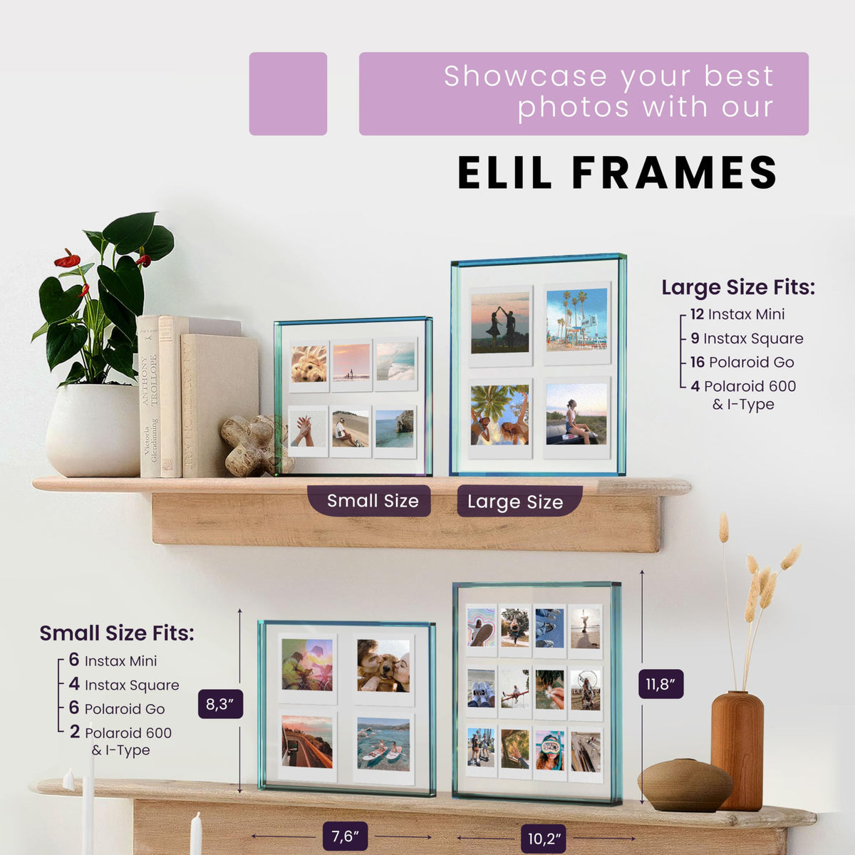 Elil 5x7 Acrylic Picture Frame – Blue Floating Polaroid Fujifilm Instax Display 8.3" x 7.6" Holds 5x7 Photo or 6 Mini or Go Print Double-Sided Collage for Desk Wedding Anniversary Graduation