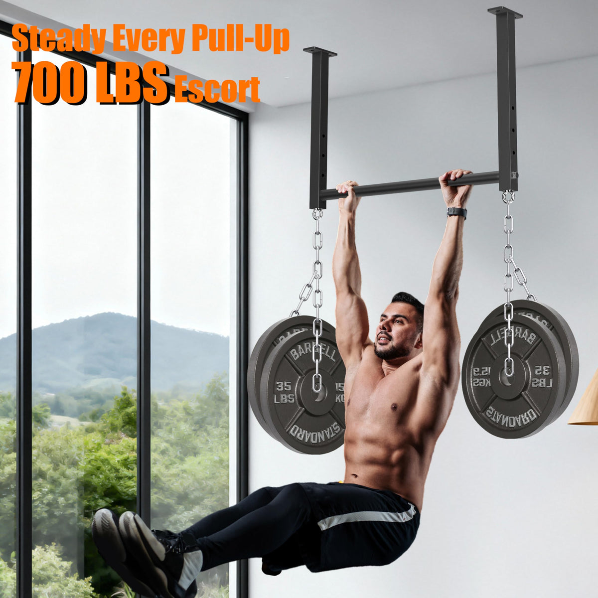 HWOOUSA Ceiling Mounted Pull Up Bar, 700 LBS Heavy Duty 4 Adjustable Pull Up Bar, 24" Rafter Pull Up Bars, Ceiling Joist for Garage/Gym/Basement with Comfortable Grip & Round Anchors