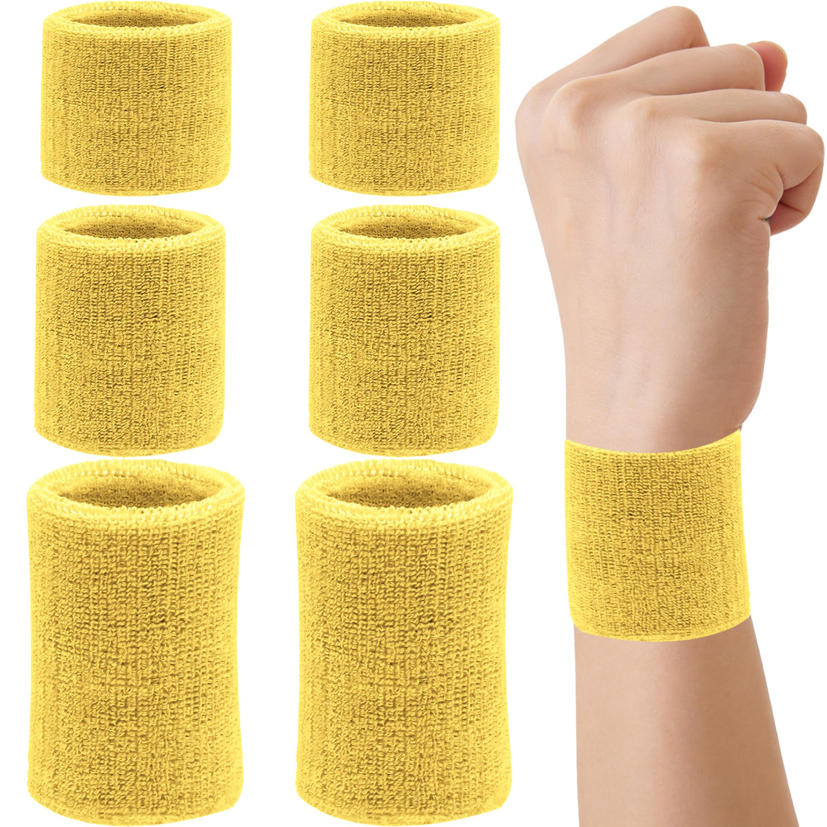 6 Pieces Multi-Sizes Sweatbands Sports Wristband for Men Women Moisture Wicking Tennis Wrist Bands Athletic Cotton Terry Cloth Sweatband for Pickleball,Basketball,Running,Gym,Working Out -Yellow