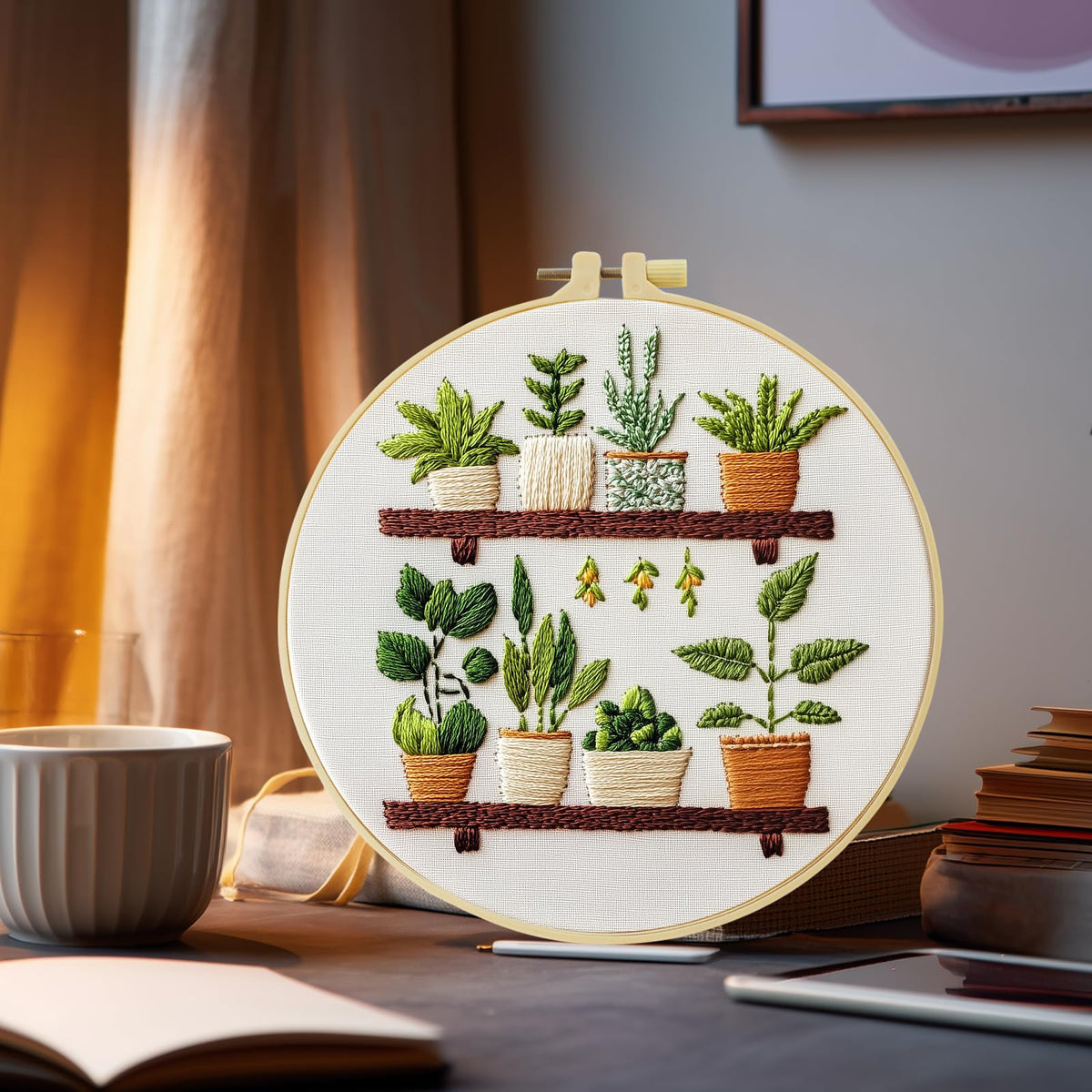 JOZYSH Full Range Embroidery Kit for Adult, Green Plant Pattern Embroidery Kit for Beginners Include Embroidery Cloth Hoops Threads for Craft Lover Hand Stitch with Embroidery Skill Techniques