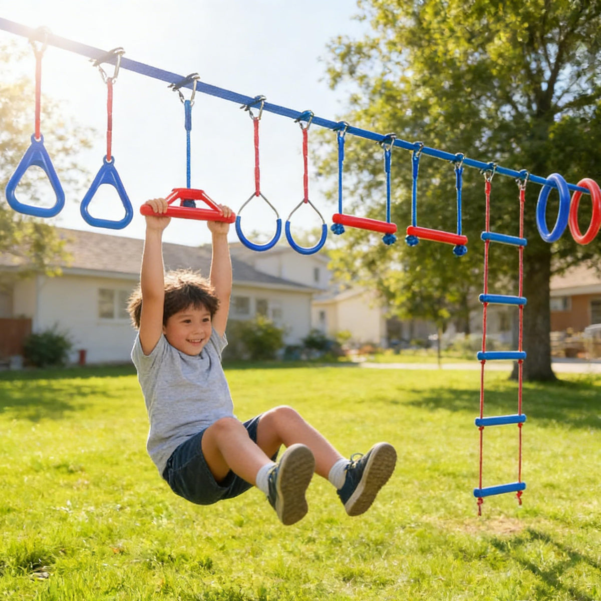Wavmor Ninja Warrior Obstacle Course for Kids Backyard-1×50ft Slackline Kit with 10 Most Complete Accessories for Boys & Girls, Rope Ladder, Gymnastic Ring, Arm Trainer and Monkey Fist
