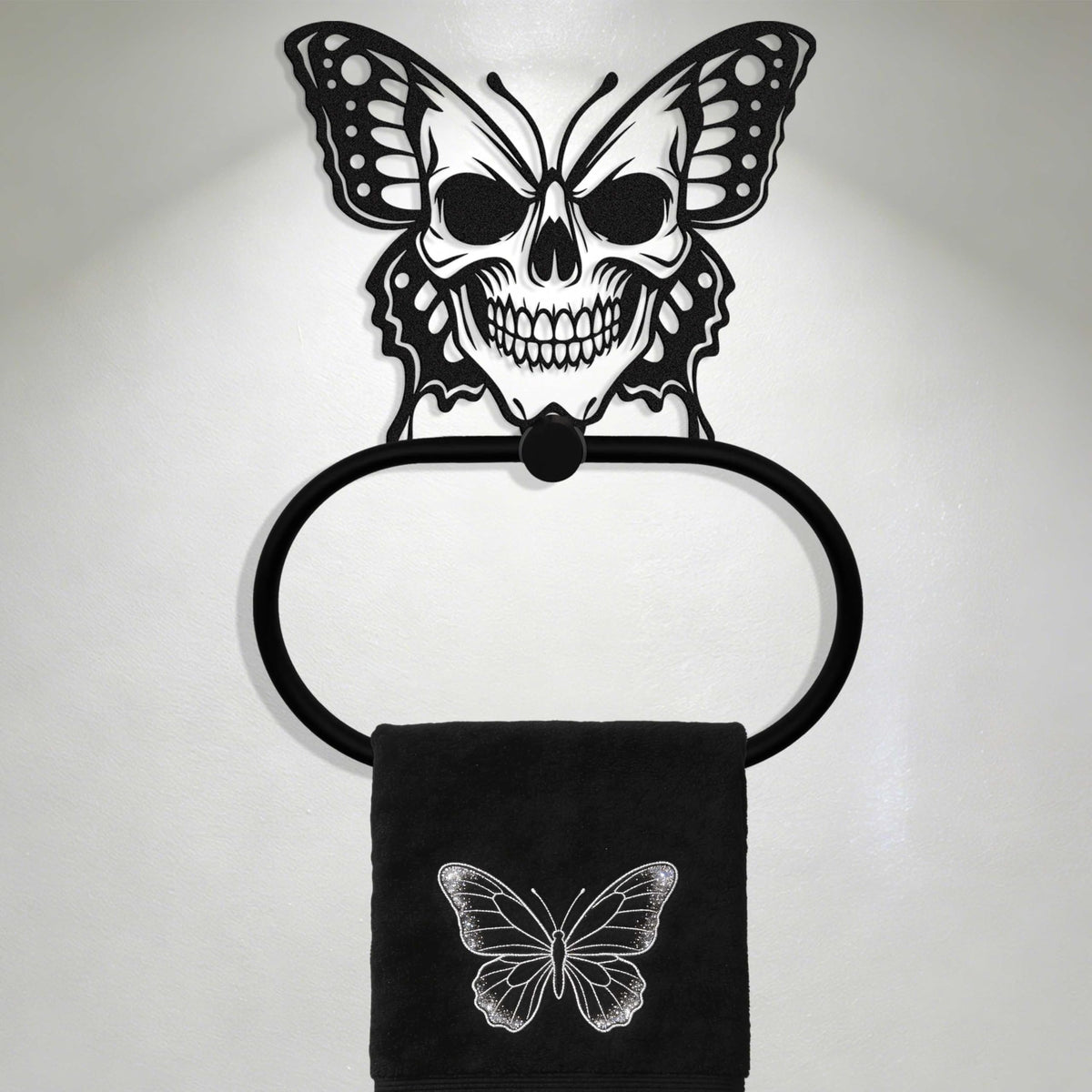 LumDecor Black Metal Gothic Skull Butterfly Towel Ring, Goth Witchy Skeleton Wall Hand Towels Holder, Gothic Bathroom & Kitchen Accessories, Wall Hanging Towel Rack Home Decor Gift Indoor Outdoor