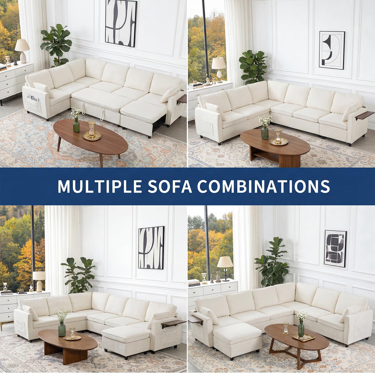 Modular Sectional Sleeper Sofa with Pull Out Bed, 116" Large U Shaped 7 Seater Sectional Couches with Ottoman, Charging Port & Foldable Side Table, Comfy Chenille Cloud Sofas for Living Room, Beige