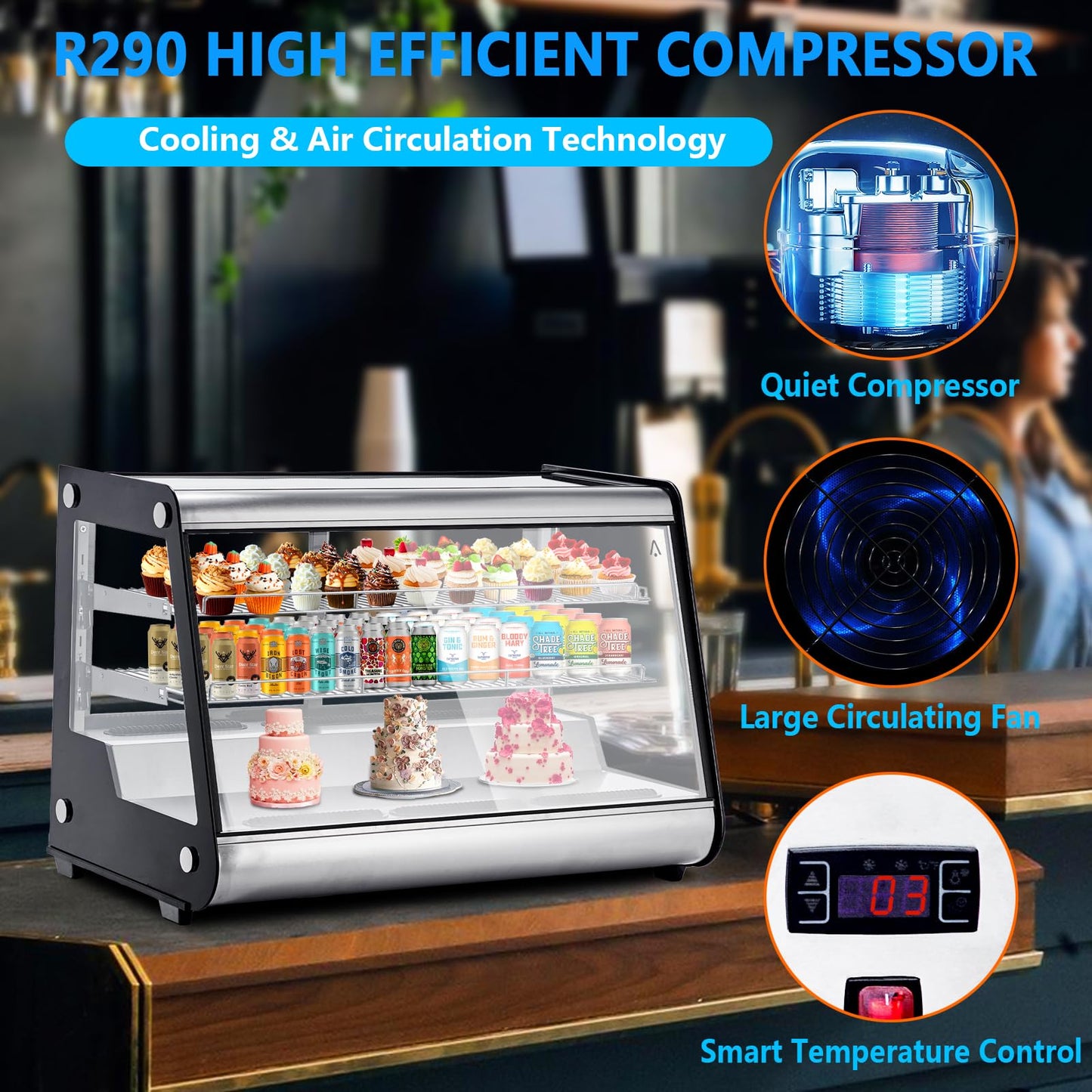 6.5 Cu.ft Commercial Counter Depth Refrigerators - Countertop Refrigerated Display Case with All-Around LED Lighting, Adjustable PVC Shelves, Fog-Free Glass, Bakery Display Case for Restaurant, Cafe