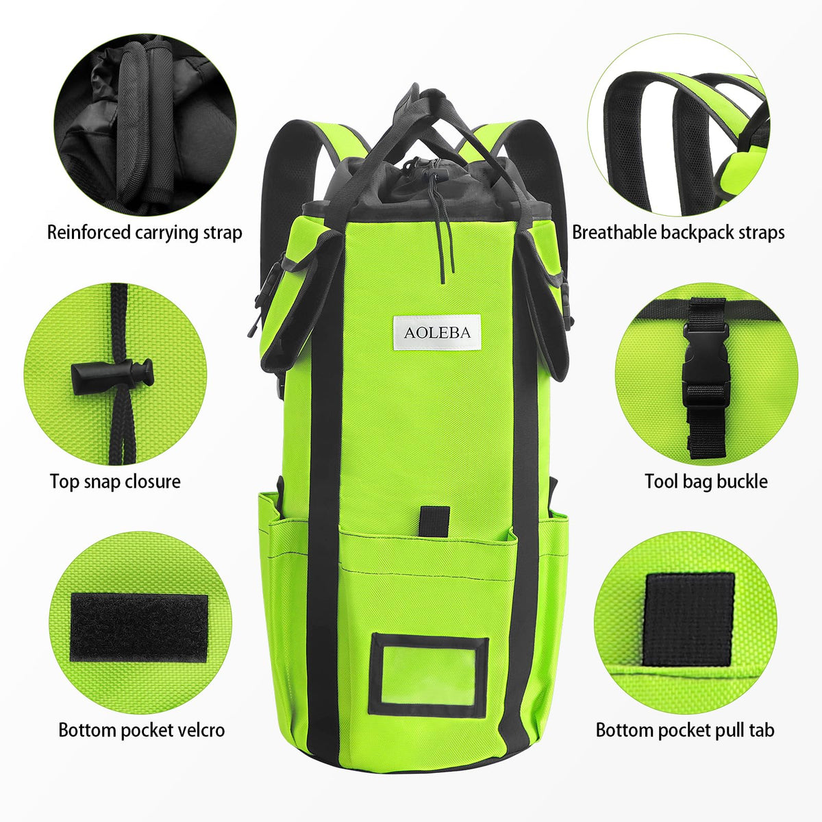 AOLEBA Arborist Rope Storage Bag Tree Climbing Rock Rope Bucket Backpack Rope Storage Bag Large Capacity 1680D Thicken Nylon Material with Hand Straps, Side Pockets - Neon Green