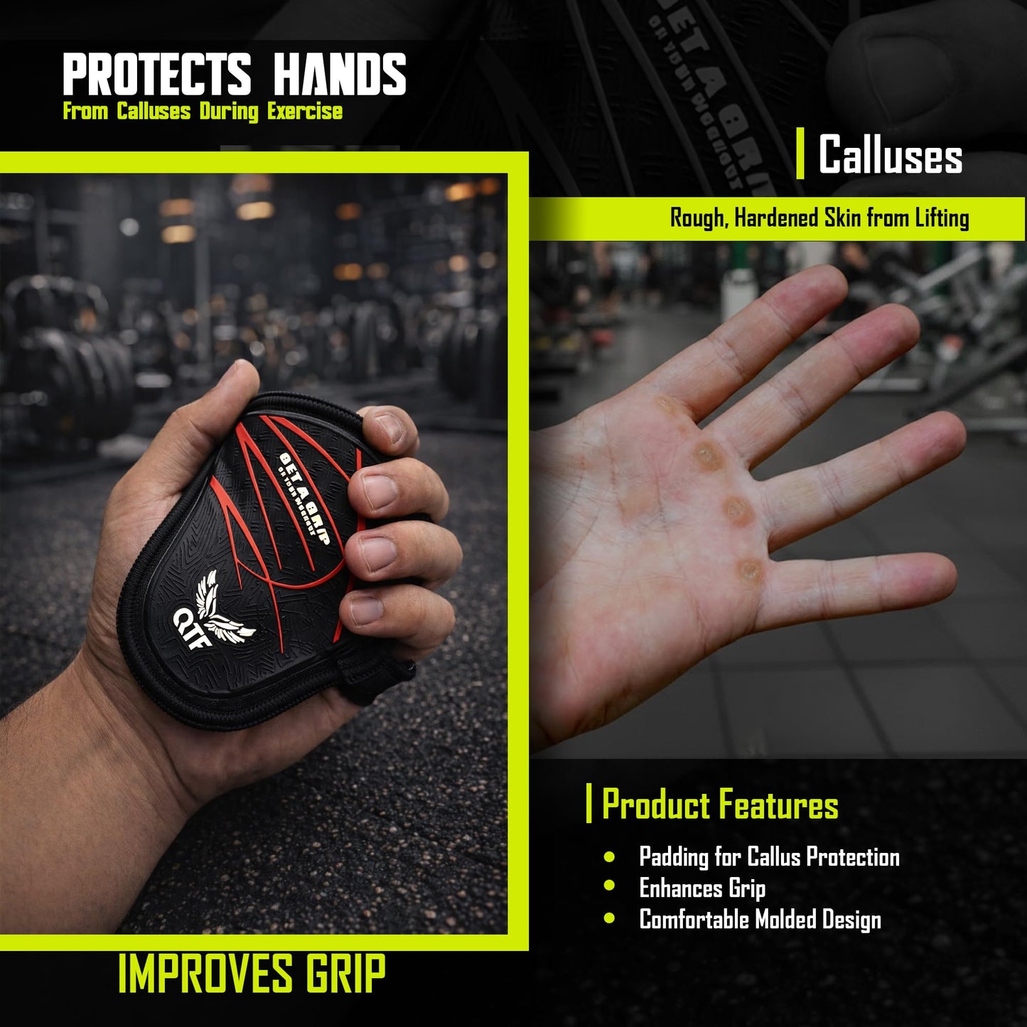 QTF Lifting Grips for Weightlifting Rubber Gloves Gym Palm Protector Grip Pads Replacement of Workout Gloves for Men & Women - Pads for Gym Weightlifting, & Pull Ups (Grey)