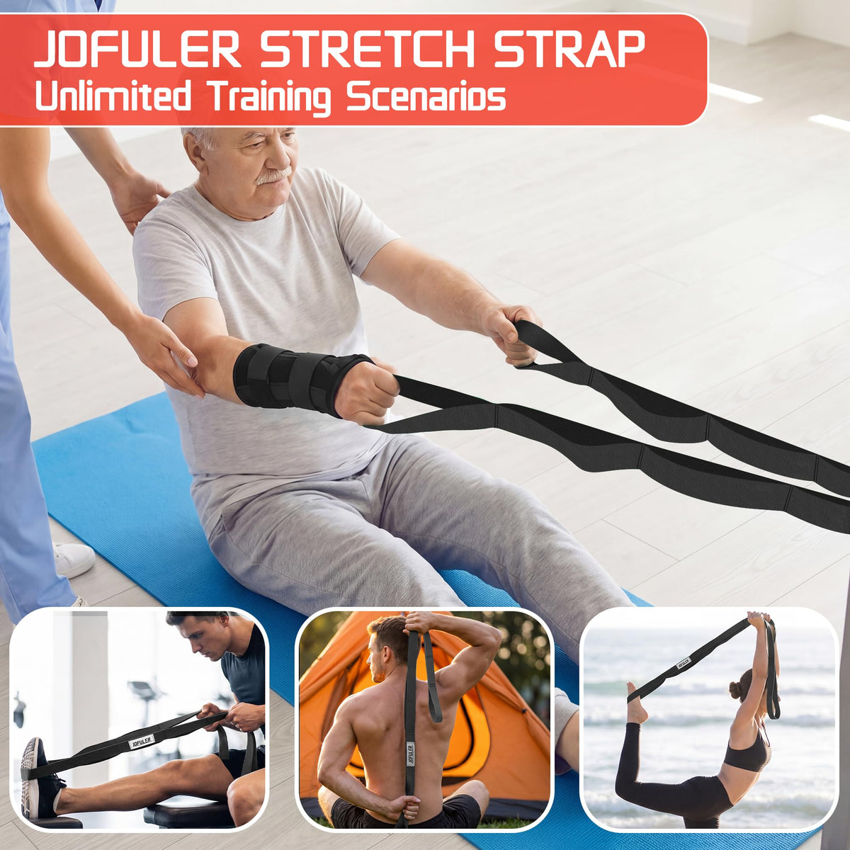 Jofuler Stretching Strap for Physical Therapy and Home Rehab, 10 Loops Non-Elastic Yoga Strap for Hamstring, Calf and Back Stretching, Mobility, Exercise, Pilates, Flexibility