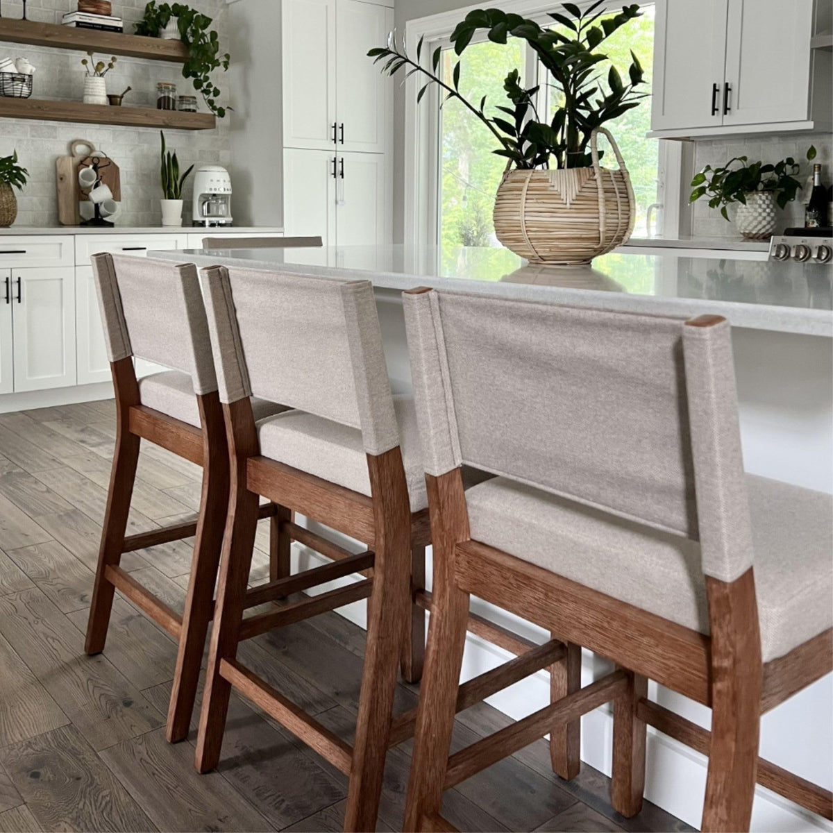 Nathan James Linus Modern Upholstered Counter Height Bar Stool with Back and Solid Rubberwood Legs in a Wire-Brushed Light Brown Finish, Natural Flax/Brown, Set of 4