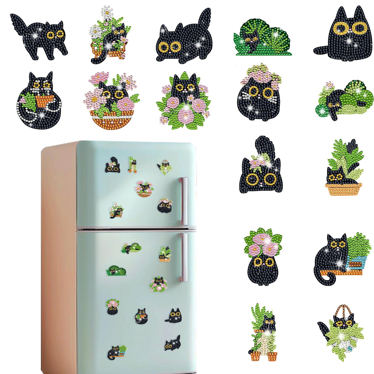 Gamteldot 16Pcs Diamond Art Magnets Kits-5D Small Diamond Art Kits for Adults Beginners,DIY Gem Art Painting Kits with Full Tools,Rhinestone Refrigerator Gem Crafts for Decor Gift -Black Cat