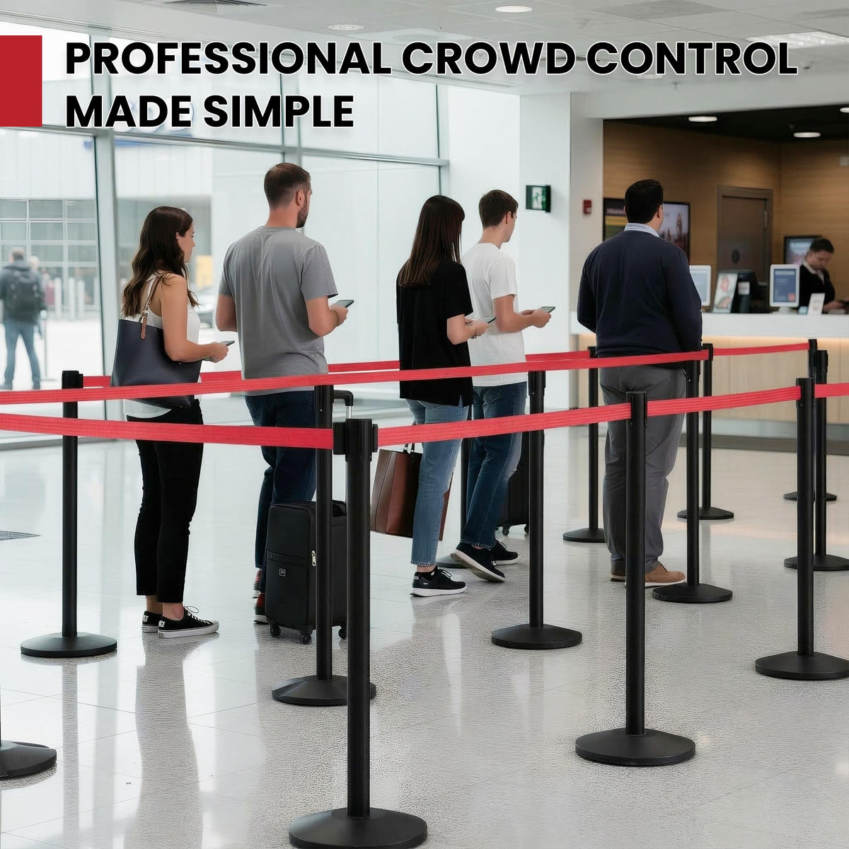 Crowd Control Warehouse Set of 2 Stanchion Retractable Belt Barriers, 11 Foot Red Belt Barrier with 40” Black Posts, Premium Crowd Control Barriers with Heavy Duty Concrete Base, CCW Series RBB-100