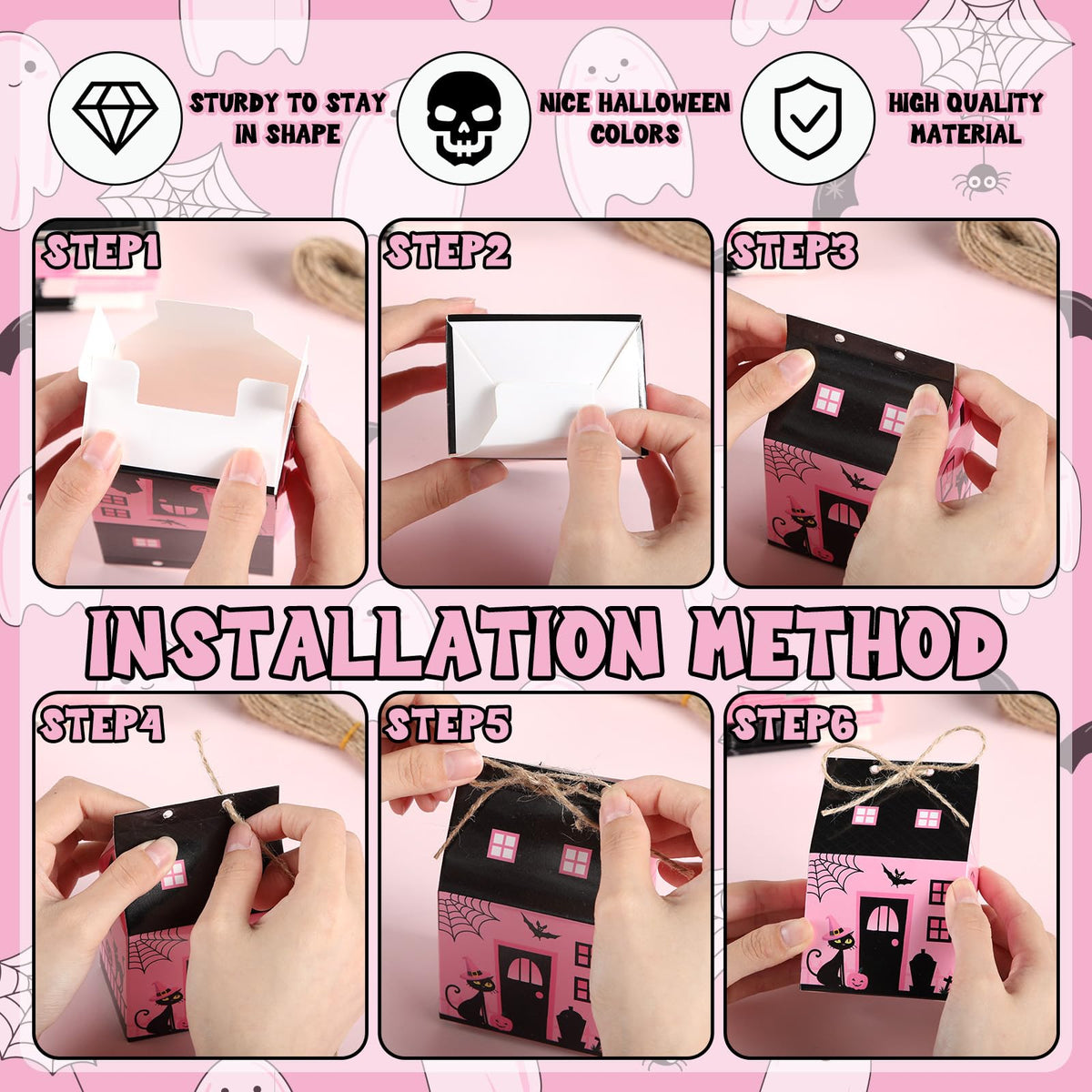Zhanmai 48 Pcs Pink Halloween Treat Boxes Mini Black Castle House Candy Pink Box Small Halloween Paperboard Gift Container for Holiday Party Treat Cookie Goodie Snack Gift Packaging
