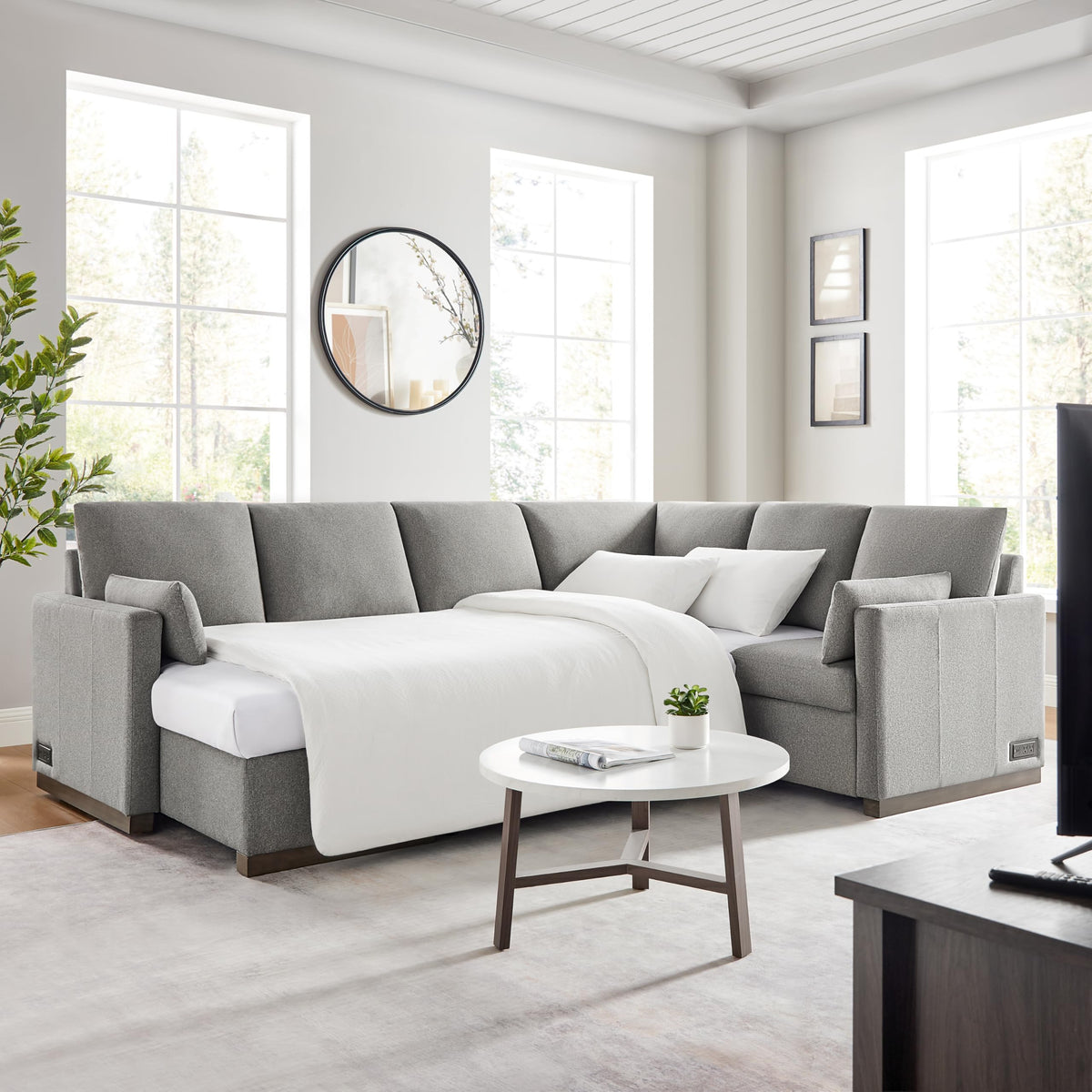 Serta® Emmett 110.2" Convertible Sleeper Sectional, Queen Size, Dreamcoil® Comfort, Reversible Storage Chaise, USB-C and USB-A Power Ports, Woven Fabric, Light Grey