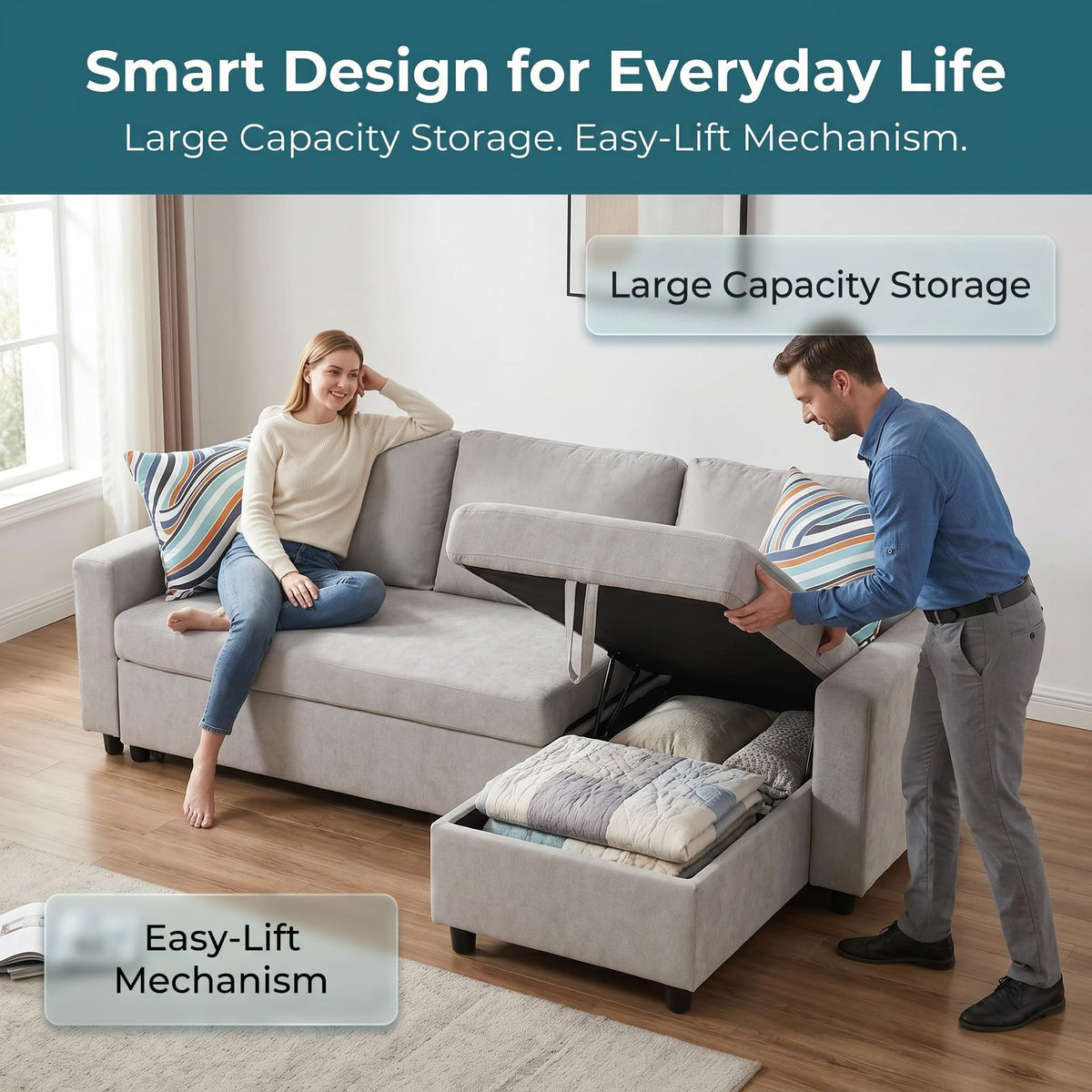 Trygoal Pull Out Couch, L Shaped Sectional Couch with Pull Out Bed, Convertible Sofa Bed with Storage Chaise, Queen Size Sleeper Sofa, Sofa Bed Couch, Sleeper Sofa with Storage, Gray