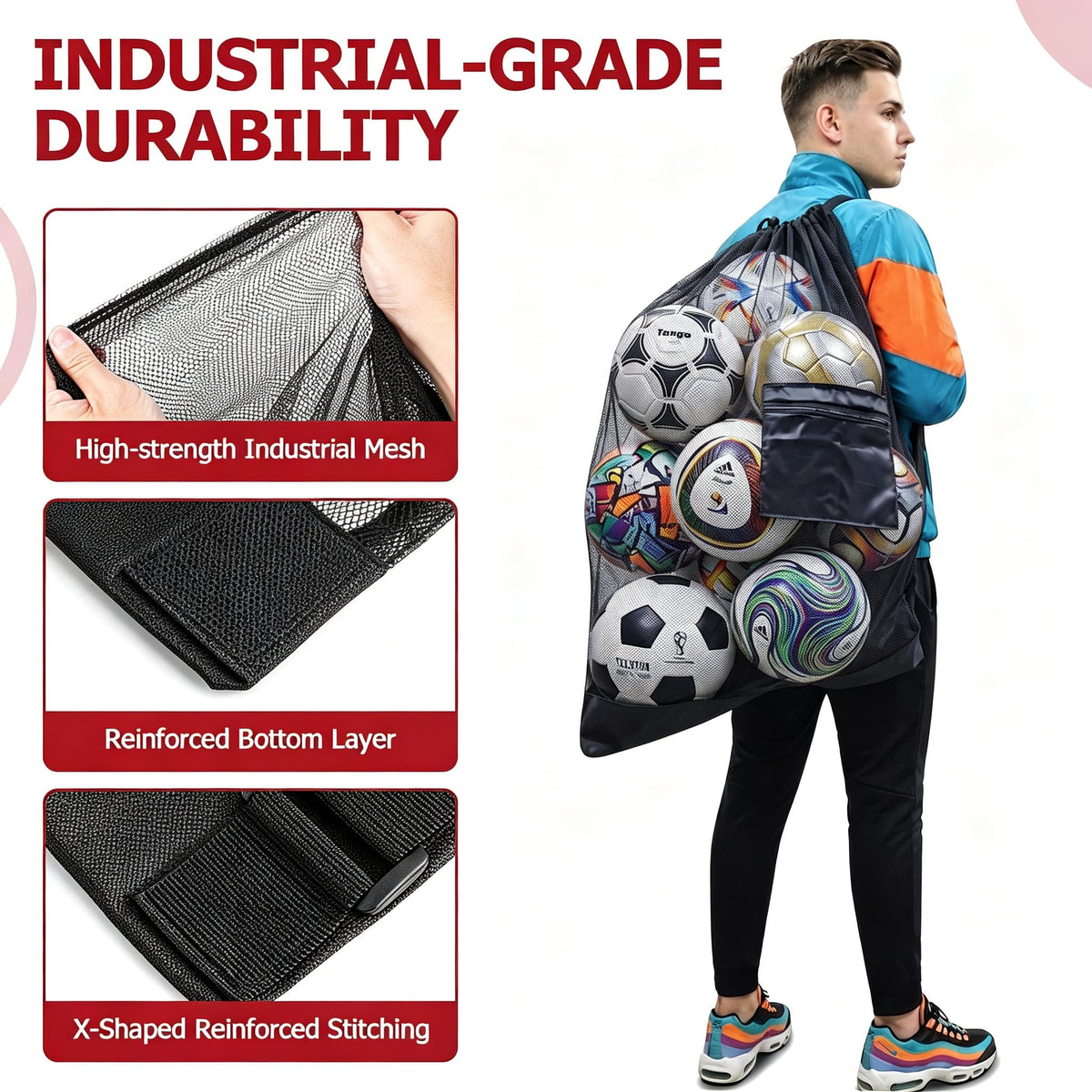 Tavirela Extra Large Mesh Ball Bag with Pocket, Holds 13 Soccer Balls, 10 Basketballs, Heavy Duty Drawstring Net Bag, Team Coaches Sports Equipment Storage Duffle Sack for Volleyball, Swimming Gear
