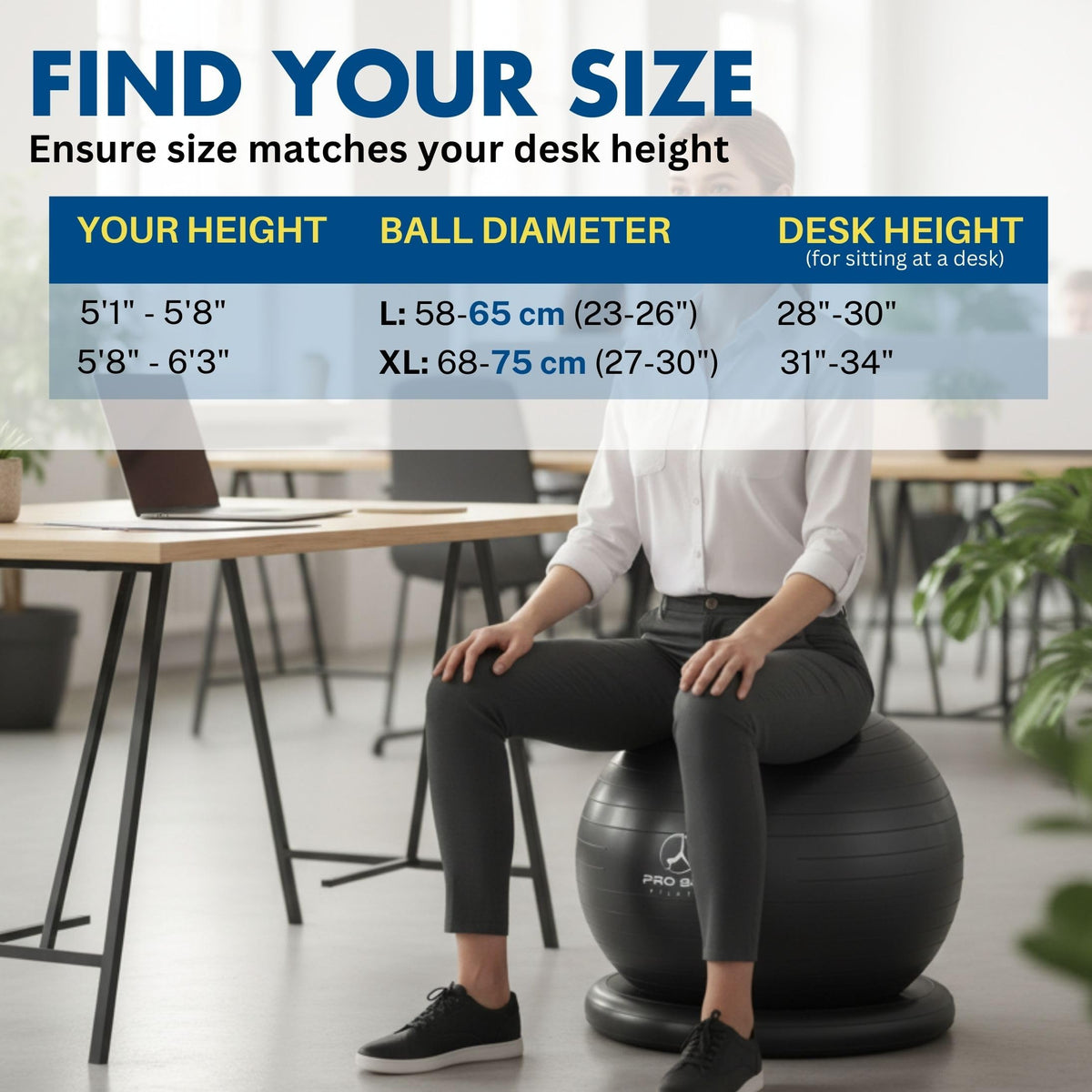 ProBody Pilates Yoga Ball Chair, Exercise Ball Chair with Base or Stand for Home Office Desk Sitting or Workout, 65cm Antiburst Balance Ball & Stability Ball Seat for Back, abs (Blue)