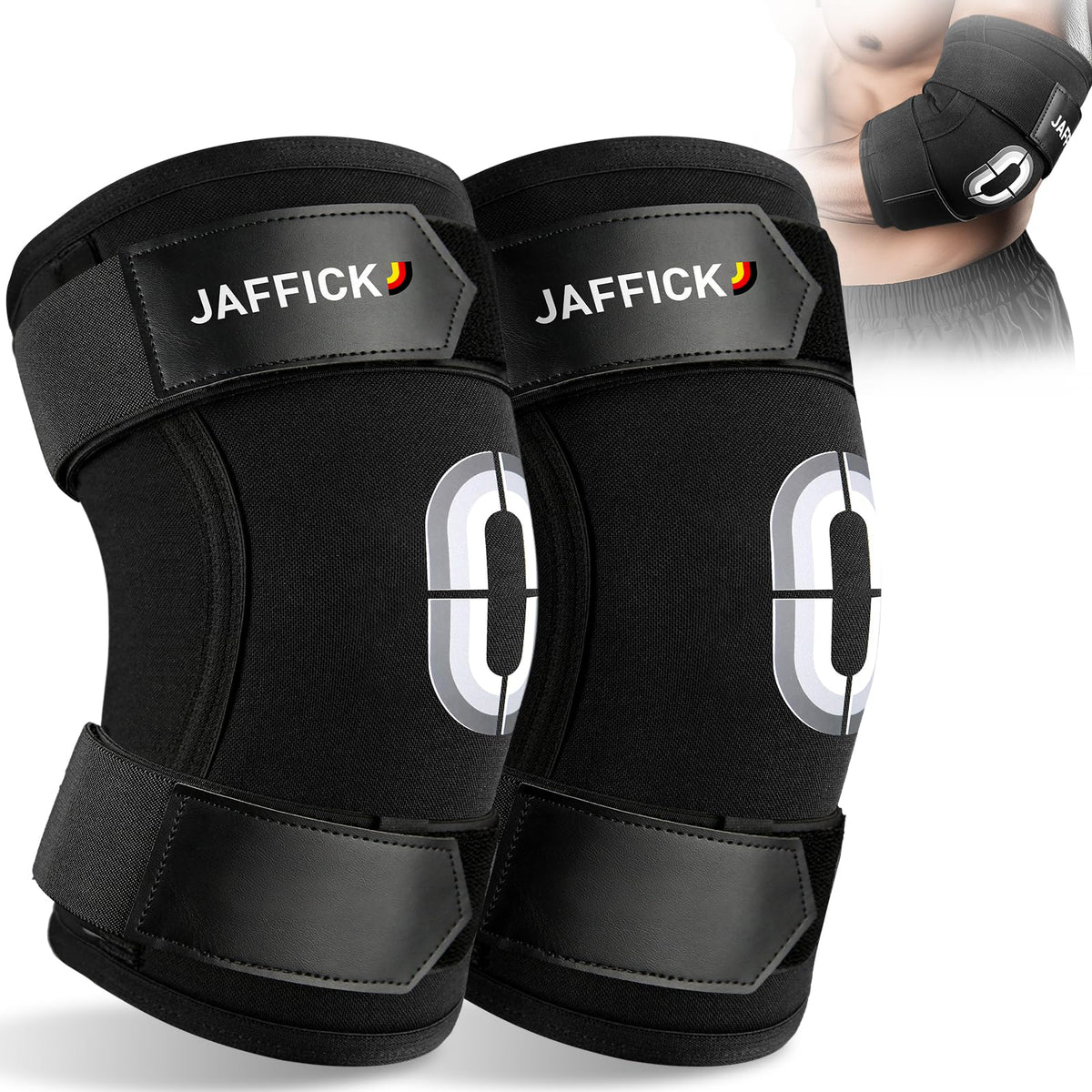 Jaffick Weightlifting Elbow Brace (1 Pair) - Elbow Sleeve with Dual Adjustable Compression Straps for Bench Press, Powerlifting, Pressing, Men & Women(Black, M)
