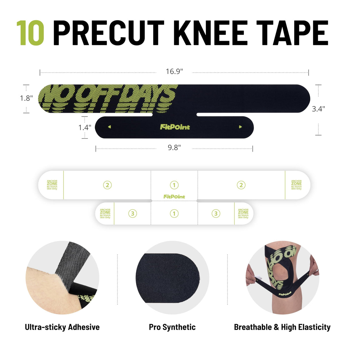 Kinesiology Tape for Knees 10 Pcs Ultra-Sticky Patella Knee Tape for Knee Pain Relief & Knee Stability Pre Cut Synthetic Kinetic Tape for Knee Support Waterproof Latex-Free Jet Black