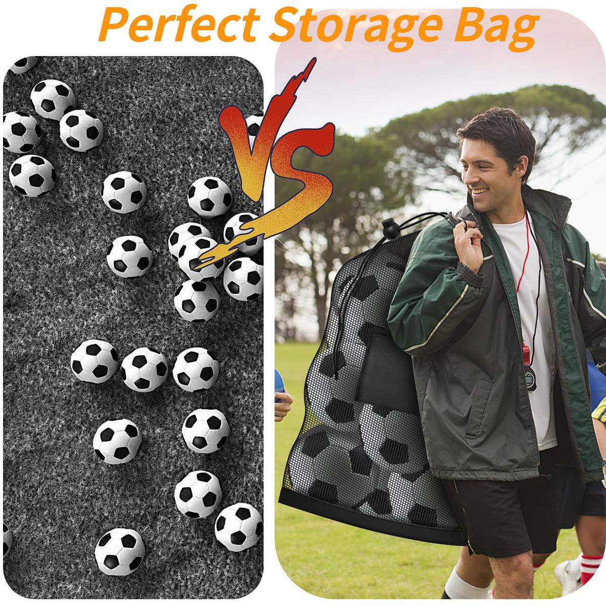 Extra Large Mesh Ball Bag, Heavy Duty Drawstring Storage Bag, 24" x 36" Hold 8-10 Soccer Basketball Volleyball Football, Sports Equipment Sack Net Bags with Shoulder Strap and Pocket for Coaches