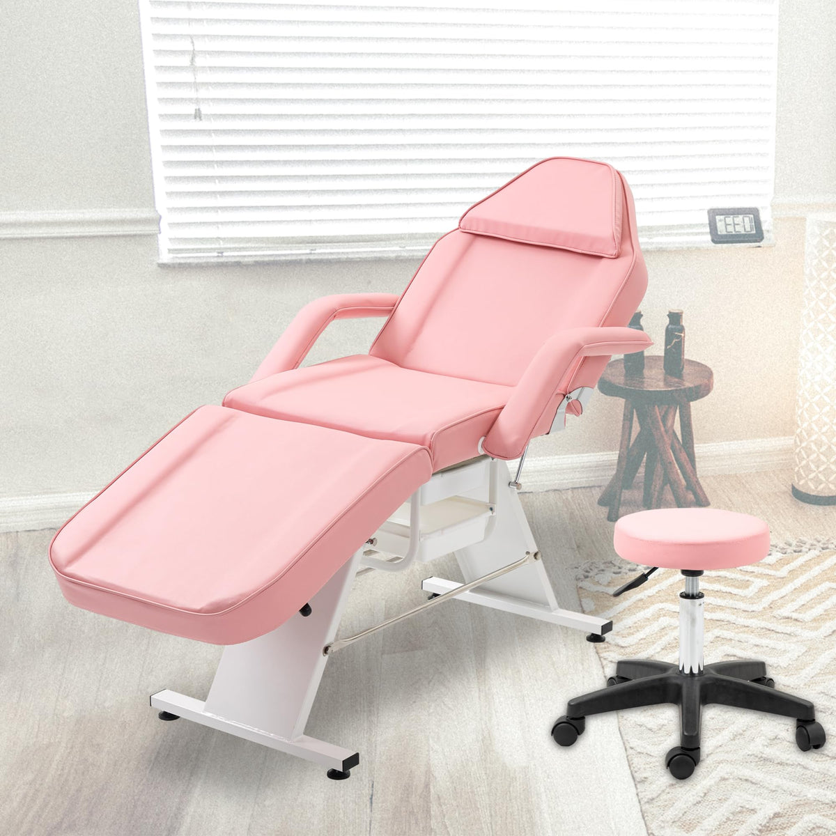 hereyova Massage Salon Chair with Two Trays Esthetician Bed with Hydraulic Stool,Multi-Purpose 3-Section Facial Bed Table, Adjustable Beauty Barber Spa Beauty Equipment, Pink