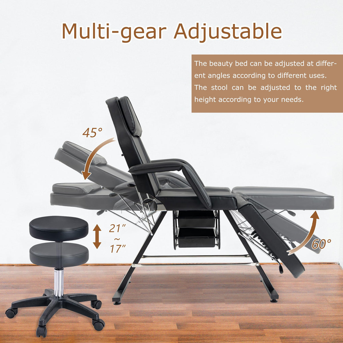 Massage Salon Tattoo Chair with Two Trays Esthetician Bed with Hydraulic Stool,Multi Purpose 3 Section Facial Bed Table, Adjustable Beauty Barber Spa Beauty Equipment, Black