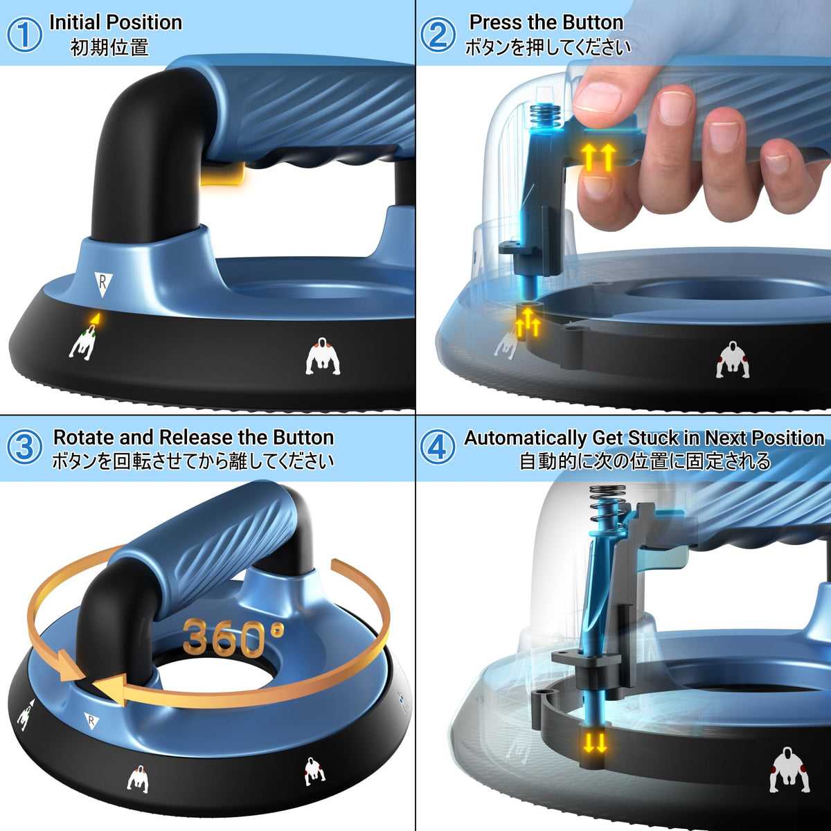 READAEER 360° Rotatable and Positionable Push Up Bars，Rotating Handle Design with Bearings for Smooth, Effortless for a Wider Range of Motion, Handle Rotation, Wide Grips with Non-Slip Rubber Pads for Comfort Exercise(Blue)