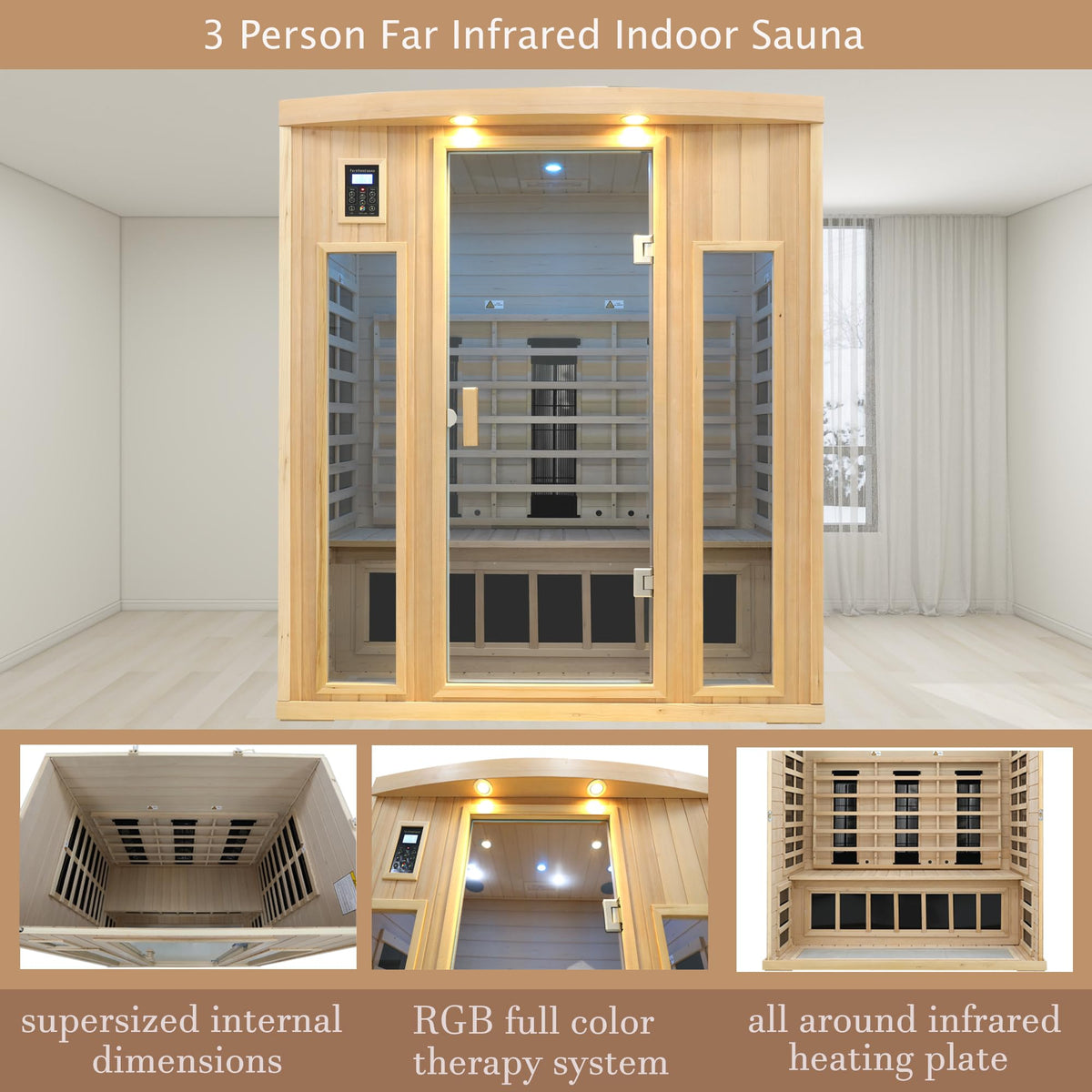 KUNSANA Ceramic Infrared Sauna 3 Person, Infrared Saunas for Home, Low EMF Far Infrared Sauna, Indoor Home Sauna Spa, Hemlock Wooden Sauna with Bluetooth Speaker, Chromotherapy Lamp, 2050W