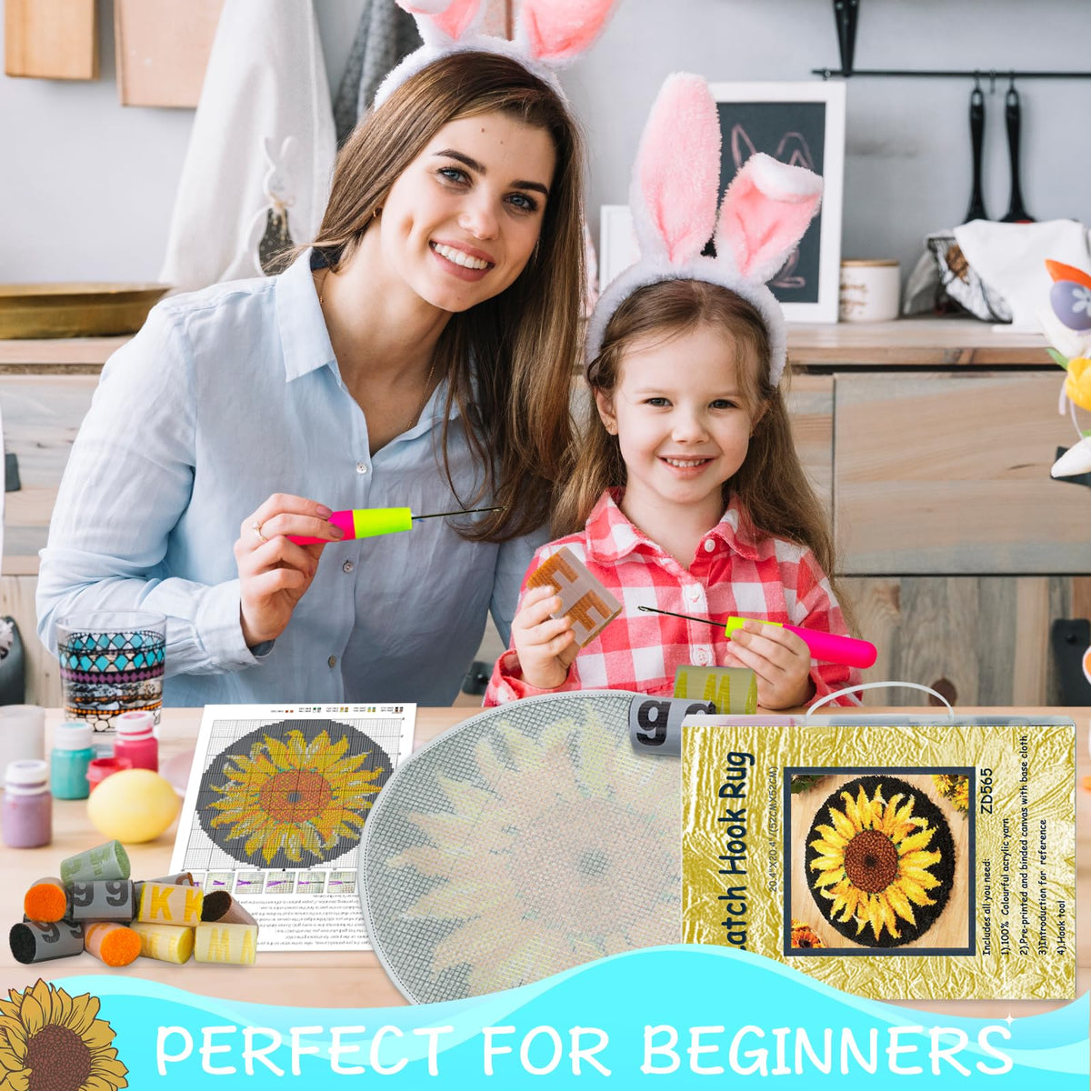 MIAOLLUN Latch Hook Rug Kit, Sunflower Pattern Printed Canvas DIY Rug Crochet Yarn Kits, Embroidery Decoration 20.4" X 20.4" (52 * 52cm)