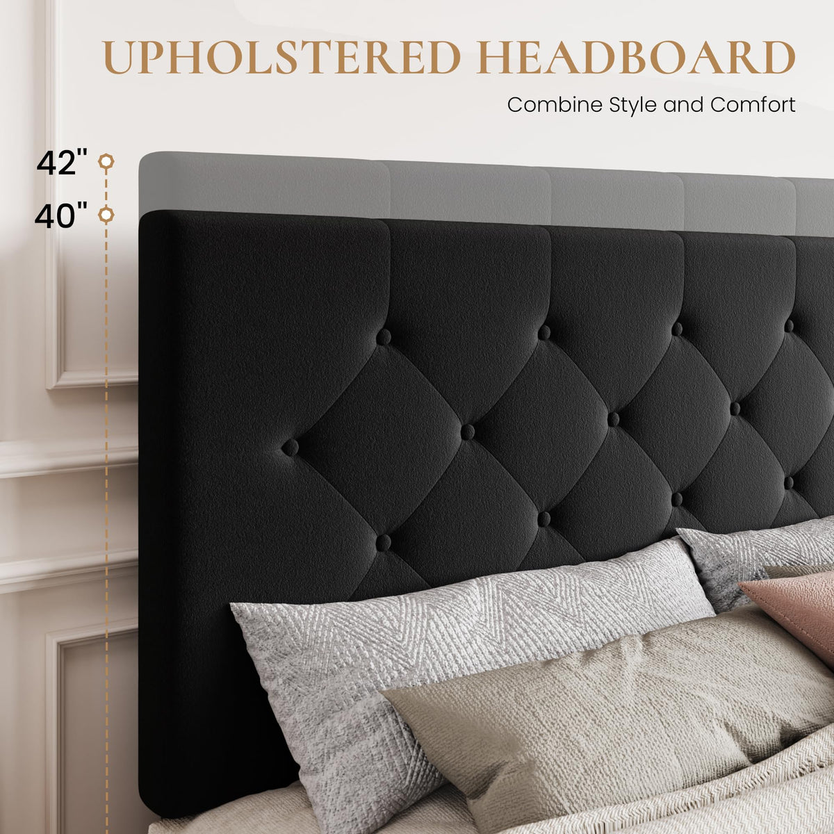 SHA CERLIN King Size Platform Bed Frame with 4 Oversized Storage Drawers, Adjustable Headboard with Velvet Upholstery, Diamond Button Tufted Design, Wooden Slat Support, No Box Spring Needed, Black