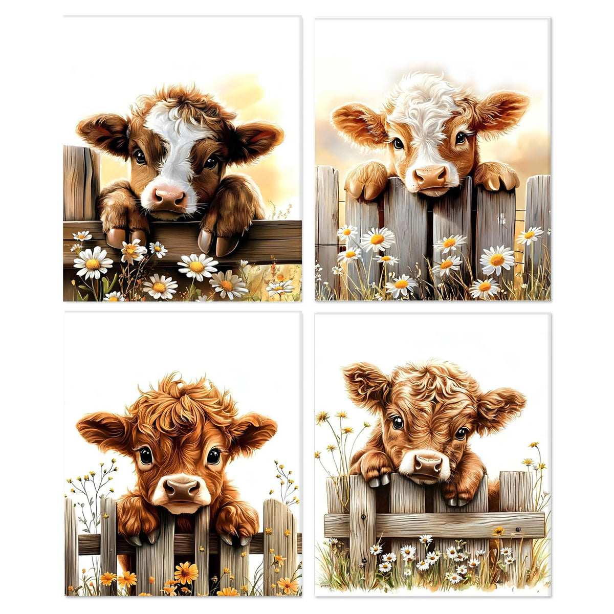 XUNLURY Rustic Highland Cow Diamond Art Kits 4 Pcs, Farmhouse Baby Highland Cow Diamond Painting Kits for Kids Adults Beginners, Full Drill Diamonds Dots for Home Decor, 9.8x11.8 Inch