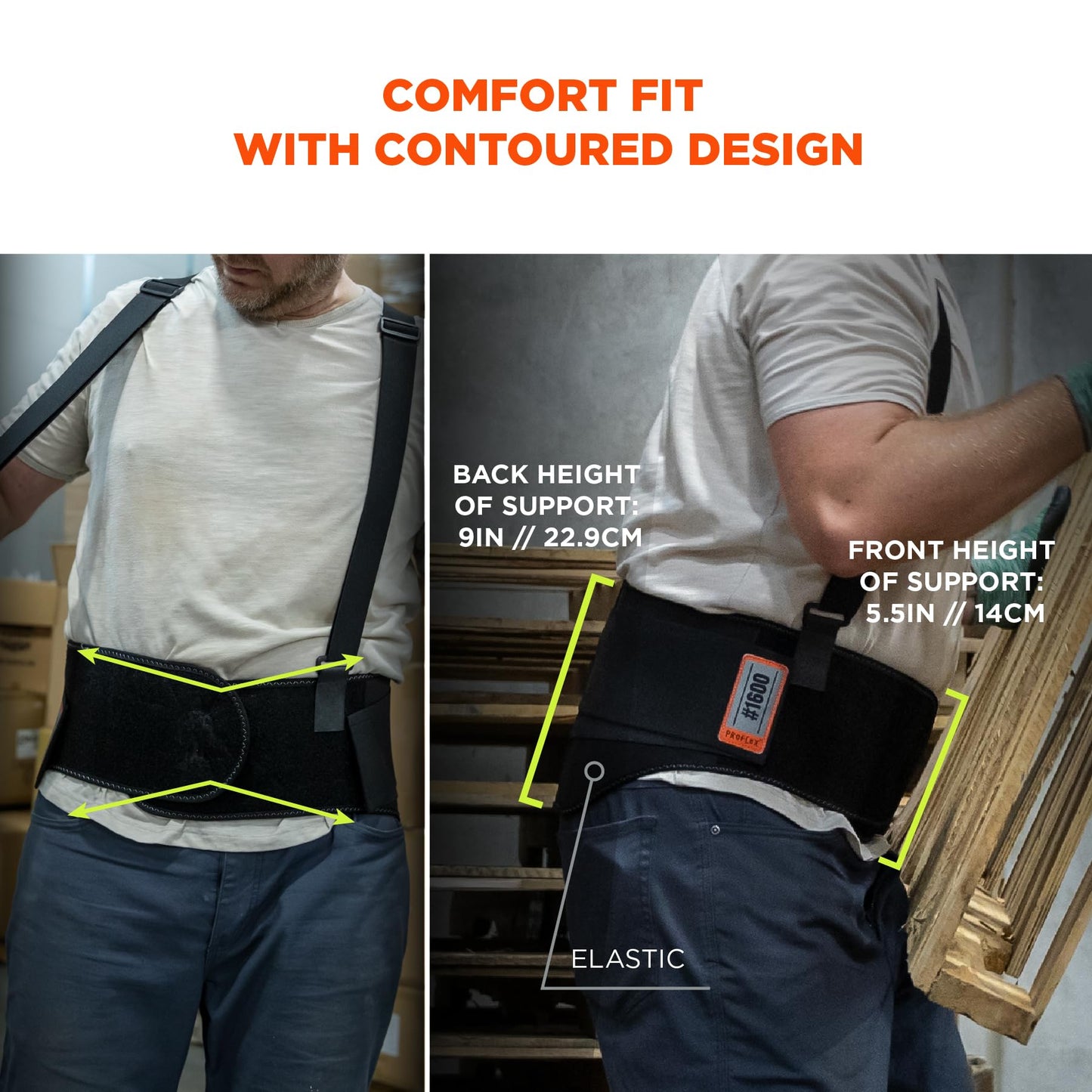 Ergodyne - 11103 ProFlex 1600 Back Support Brace, 9" Extended Support, High Cut Front For Mobility, Medium,Black